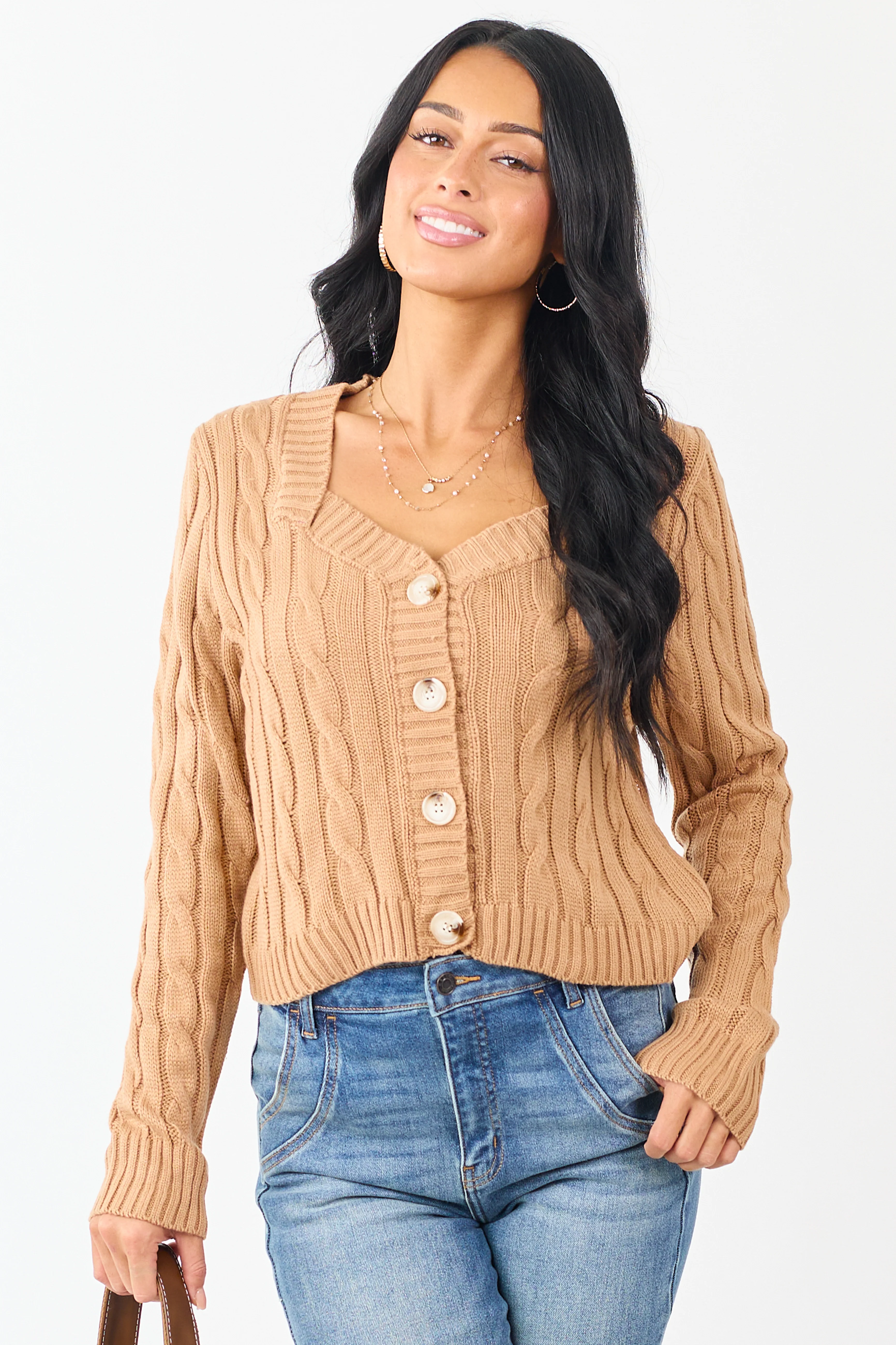 Camel Cable Knit Button Up Mid Length Cardigan