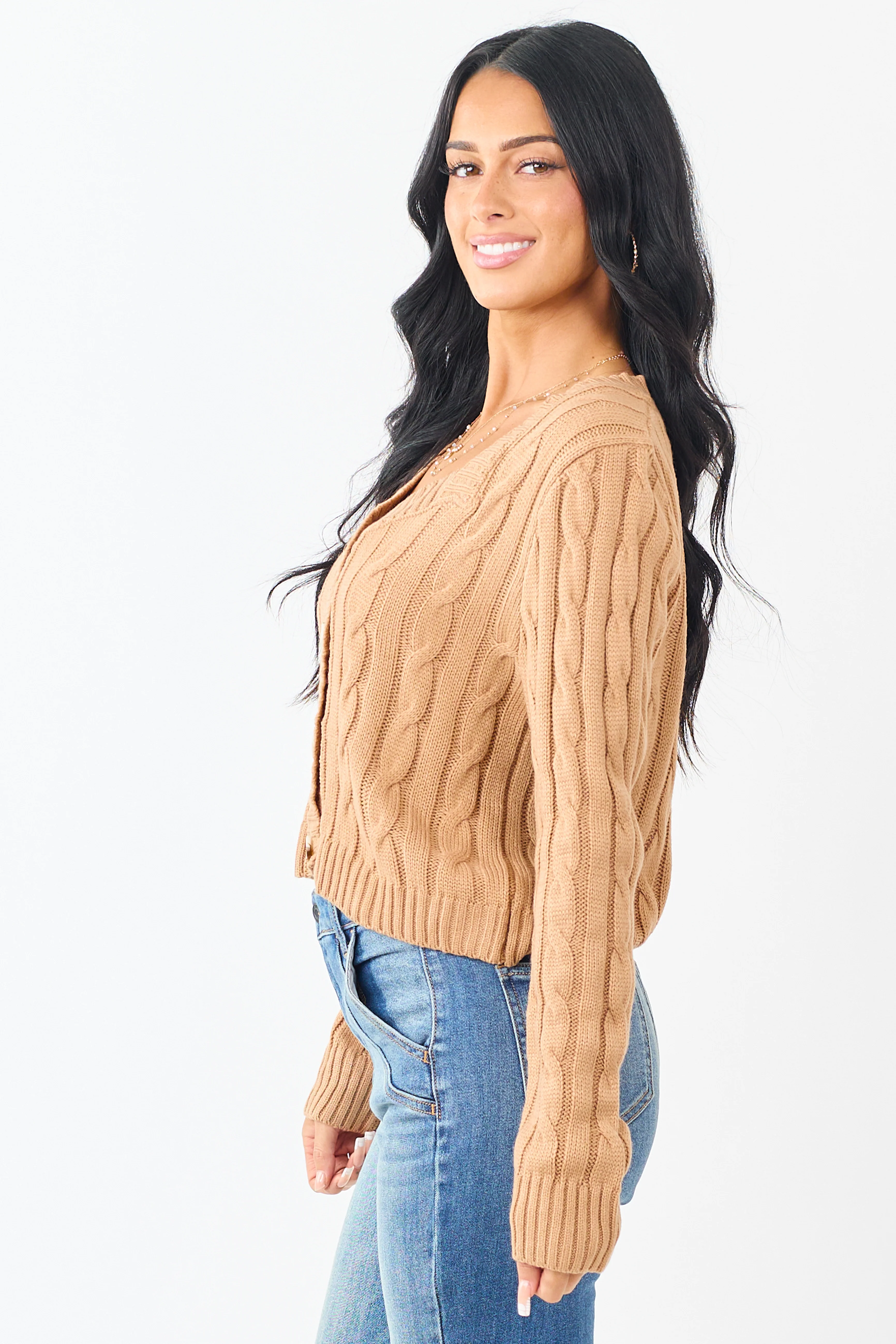 Camel Cable Knit Button Up Mid Length Cardigan - Image 4