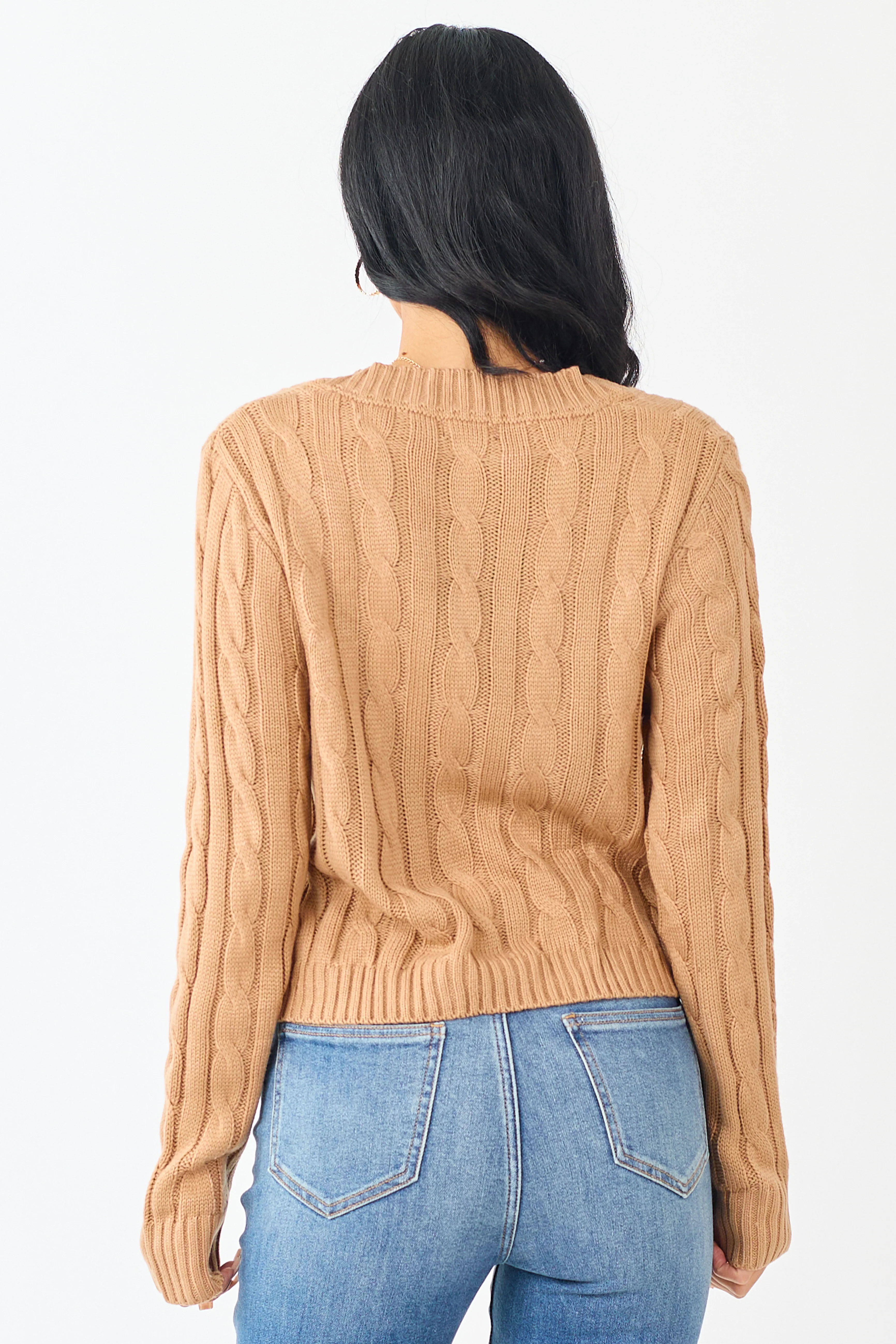Camel Cable Knit Button Up Mid Length Cardigan - Image 5