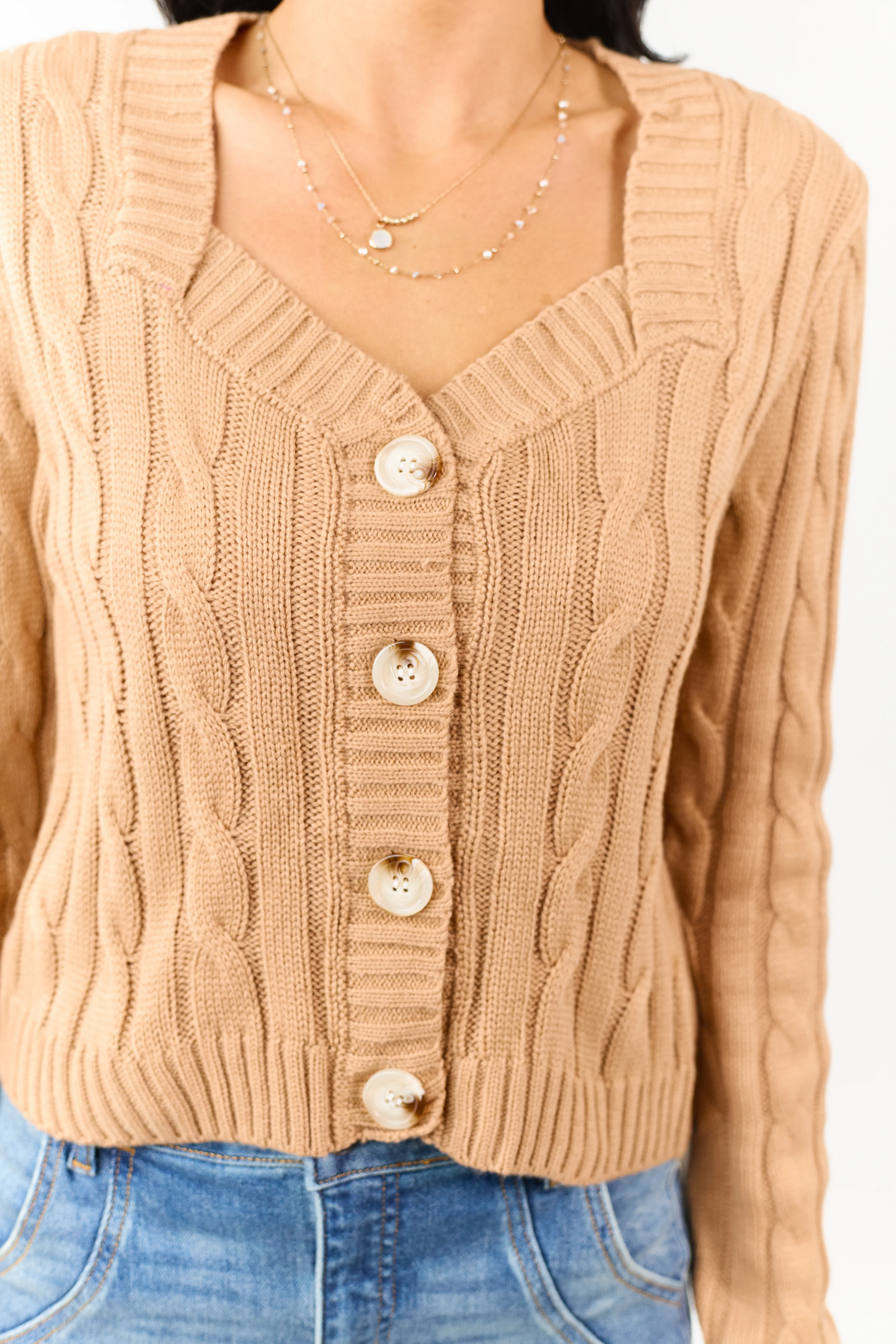 Camel Cable Knit Button Up Mid Length Cardigan - Image 6