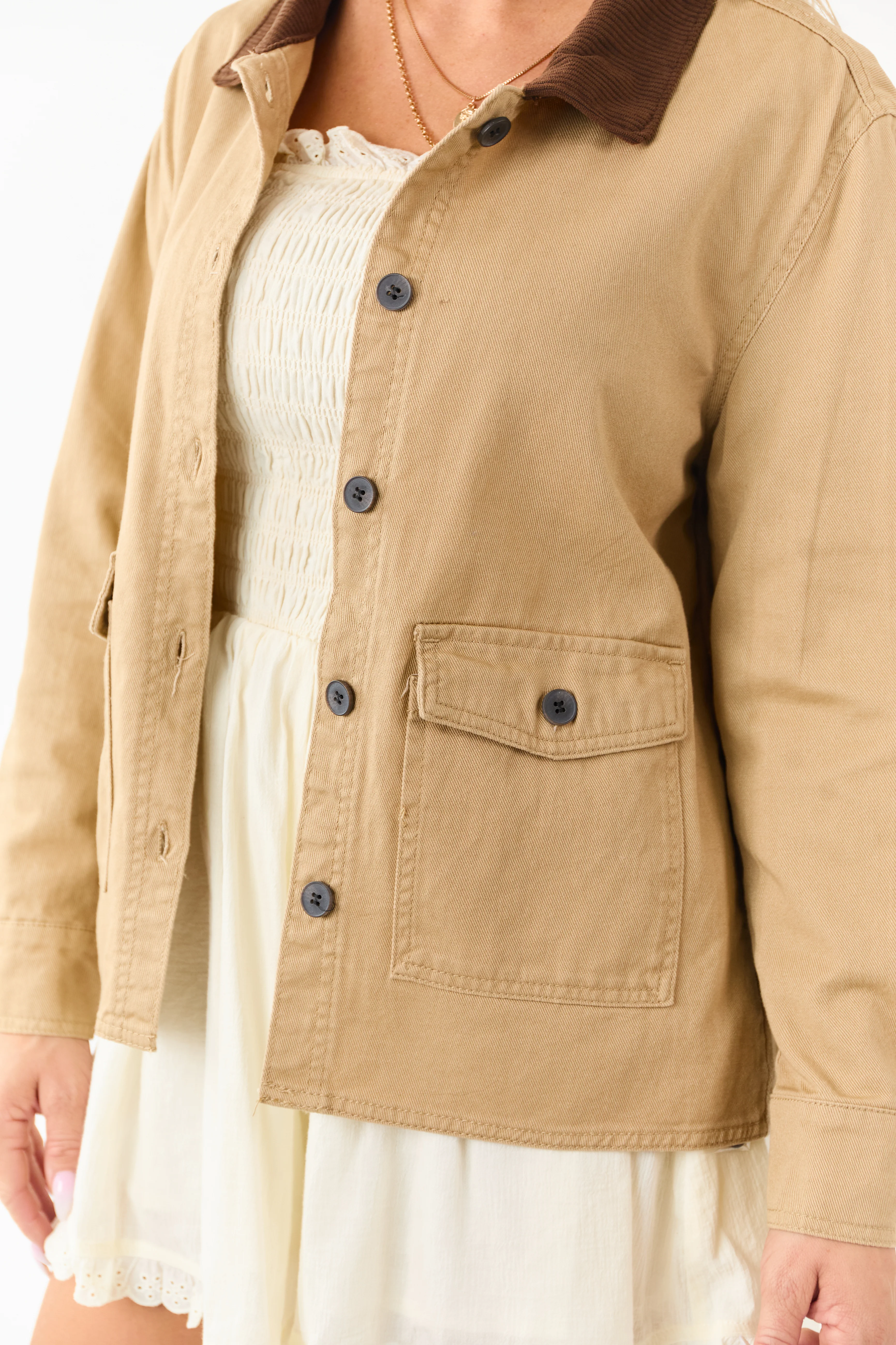 Camel Denim Contrast Corduroy Collar Button Up Jacket - Image 4