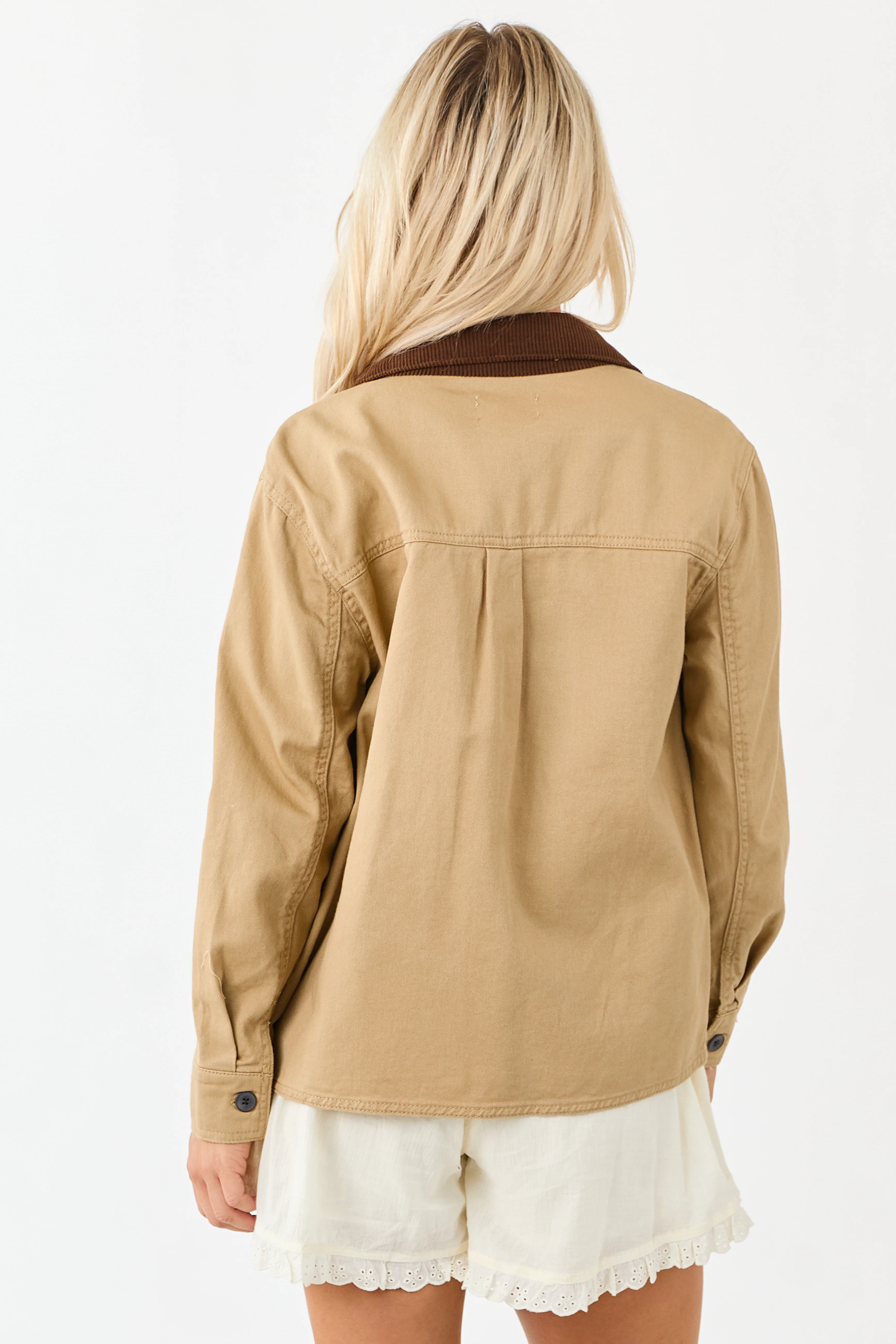 Camel Denim Contrast Corduroy Collar Button Up Jacket - Image 7