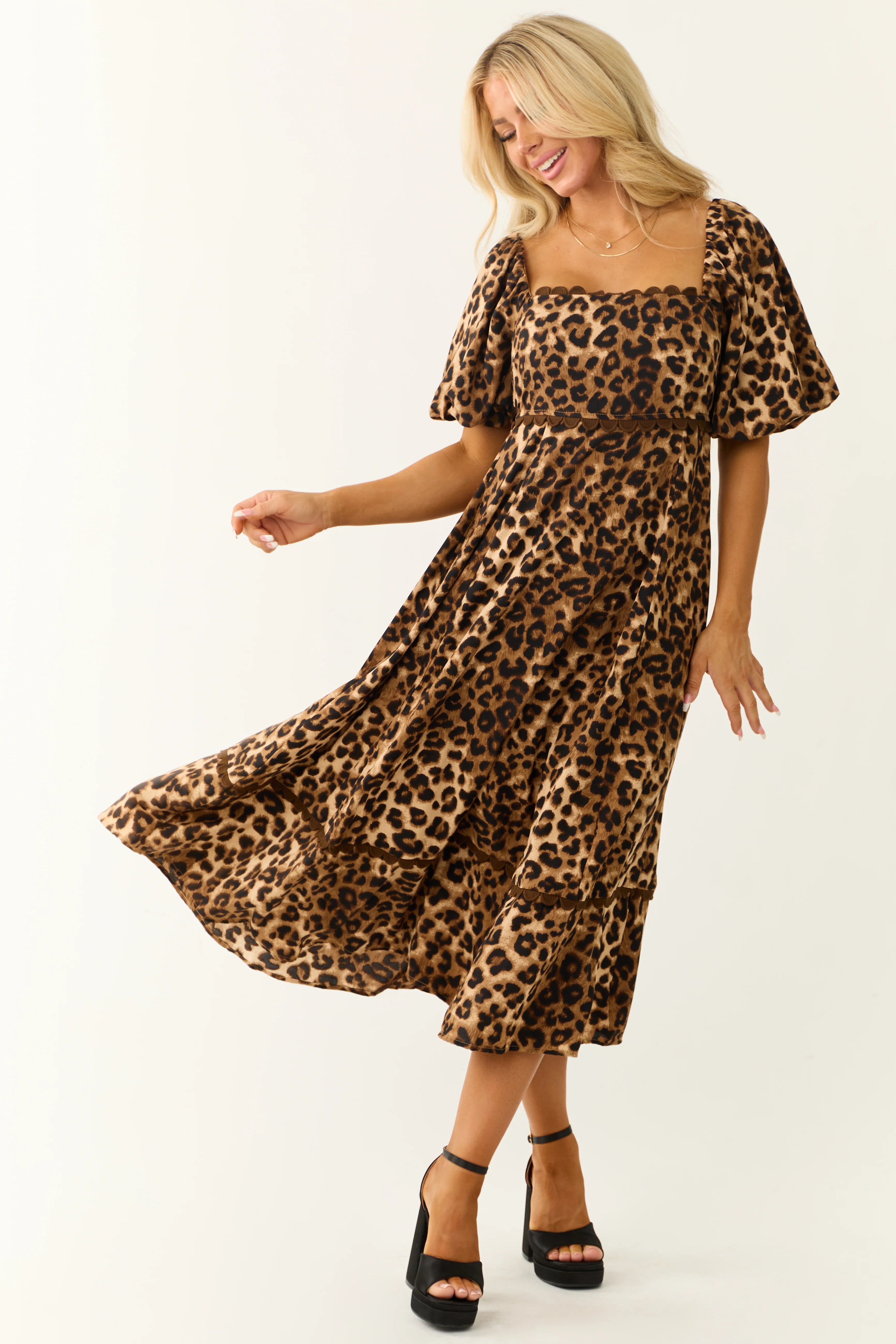 Camel Leopard Print Puff Sleeve Midi Dress - Image 3