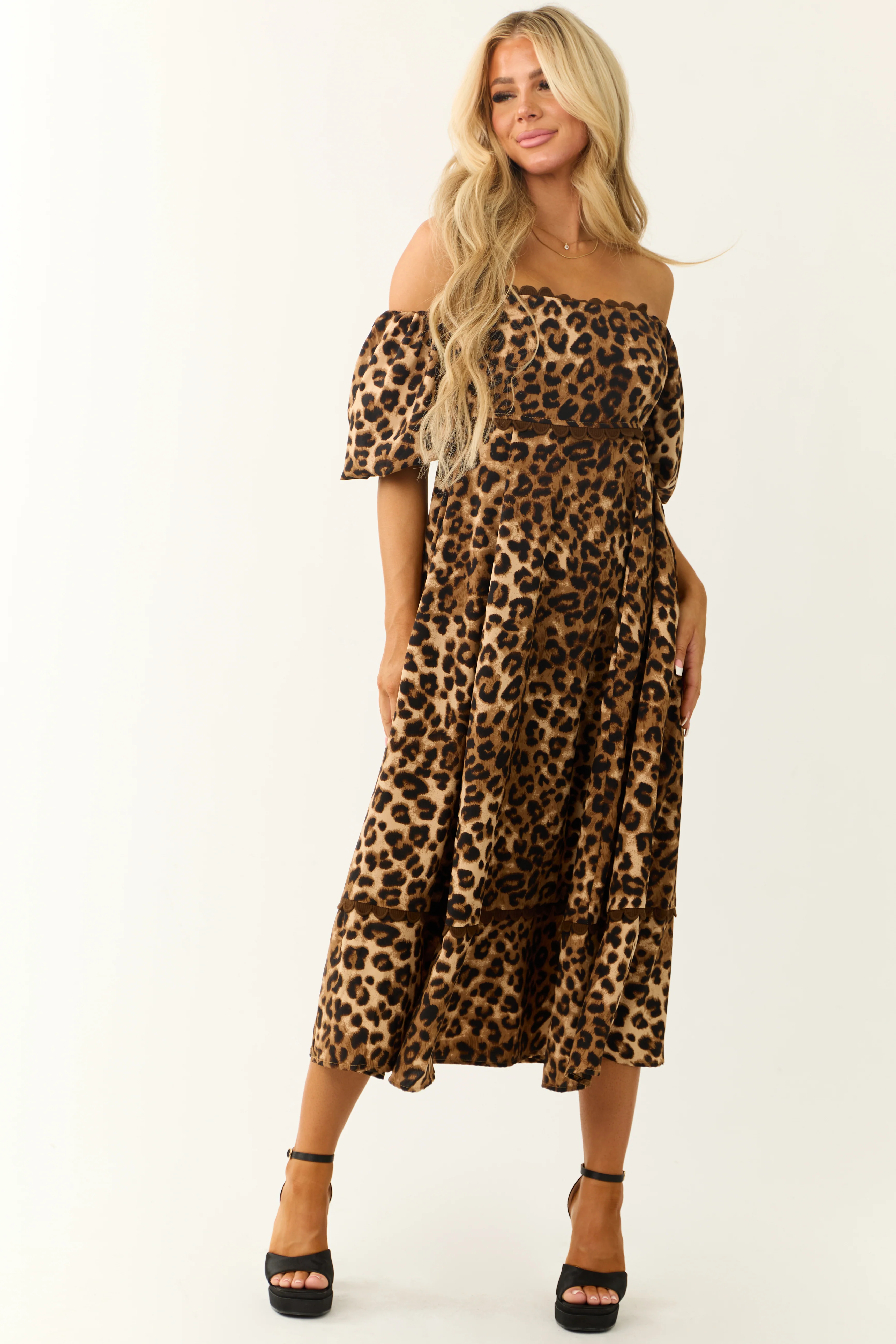 Camel Leopard Print Puff Sleeve Midi Dress - Image 4