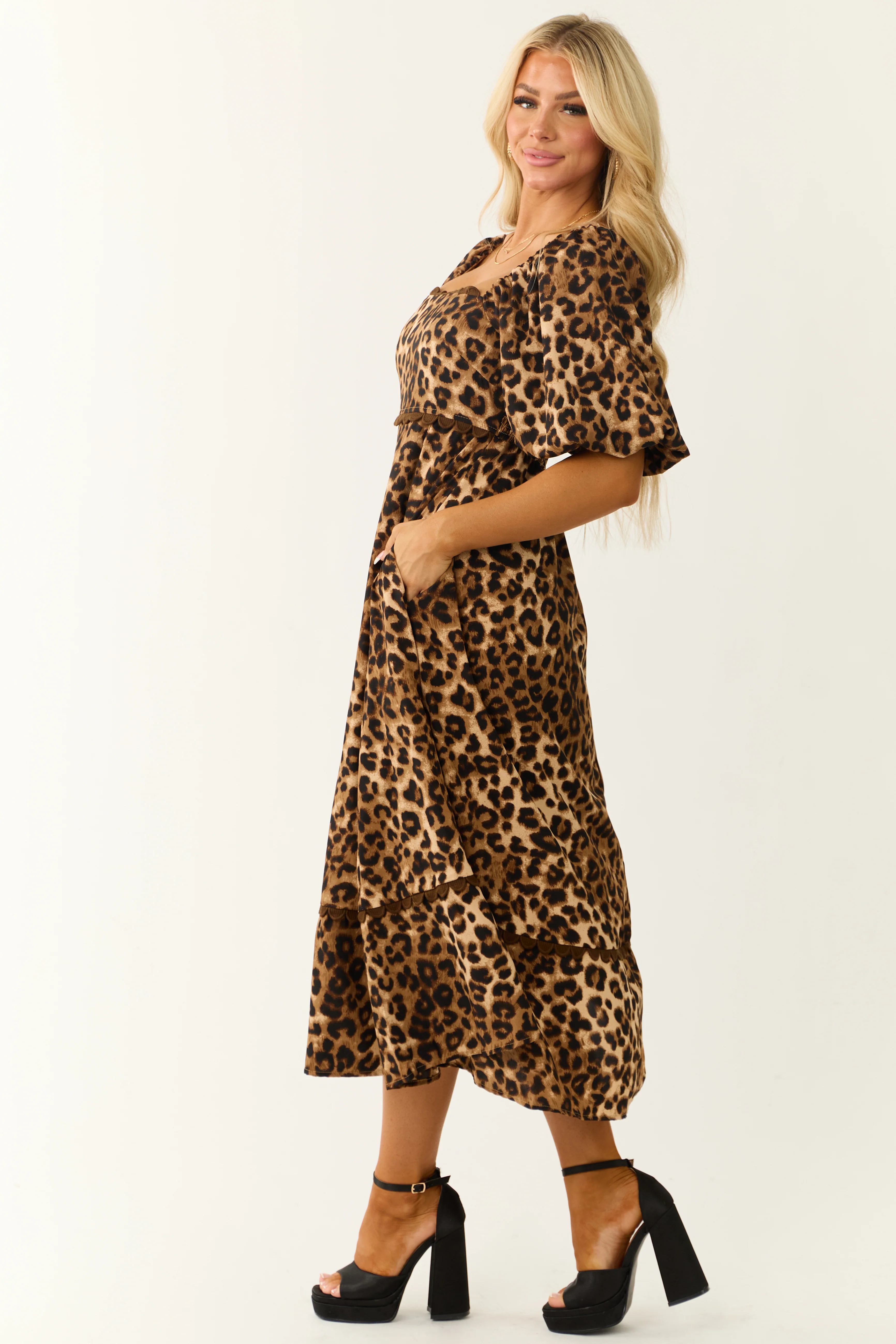 Camel Leopard Print Puff Sleeve Midi Dress - Image 5