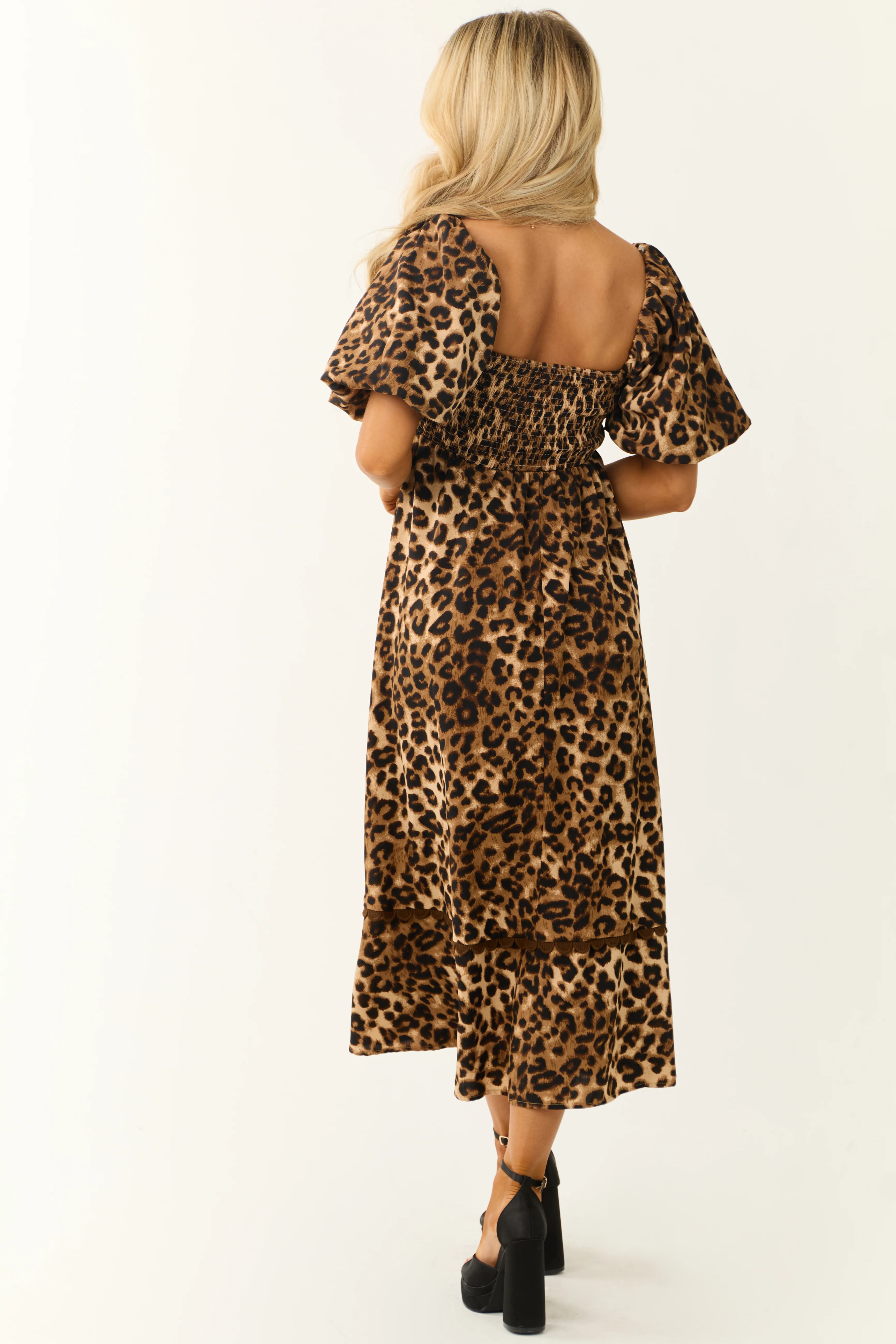 Camel Leopard Print Puff Sleeve Midi Dress - Image 6