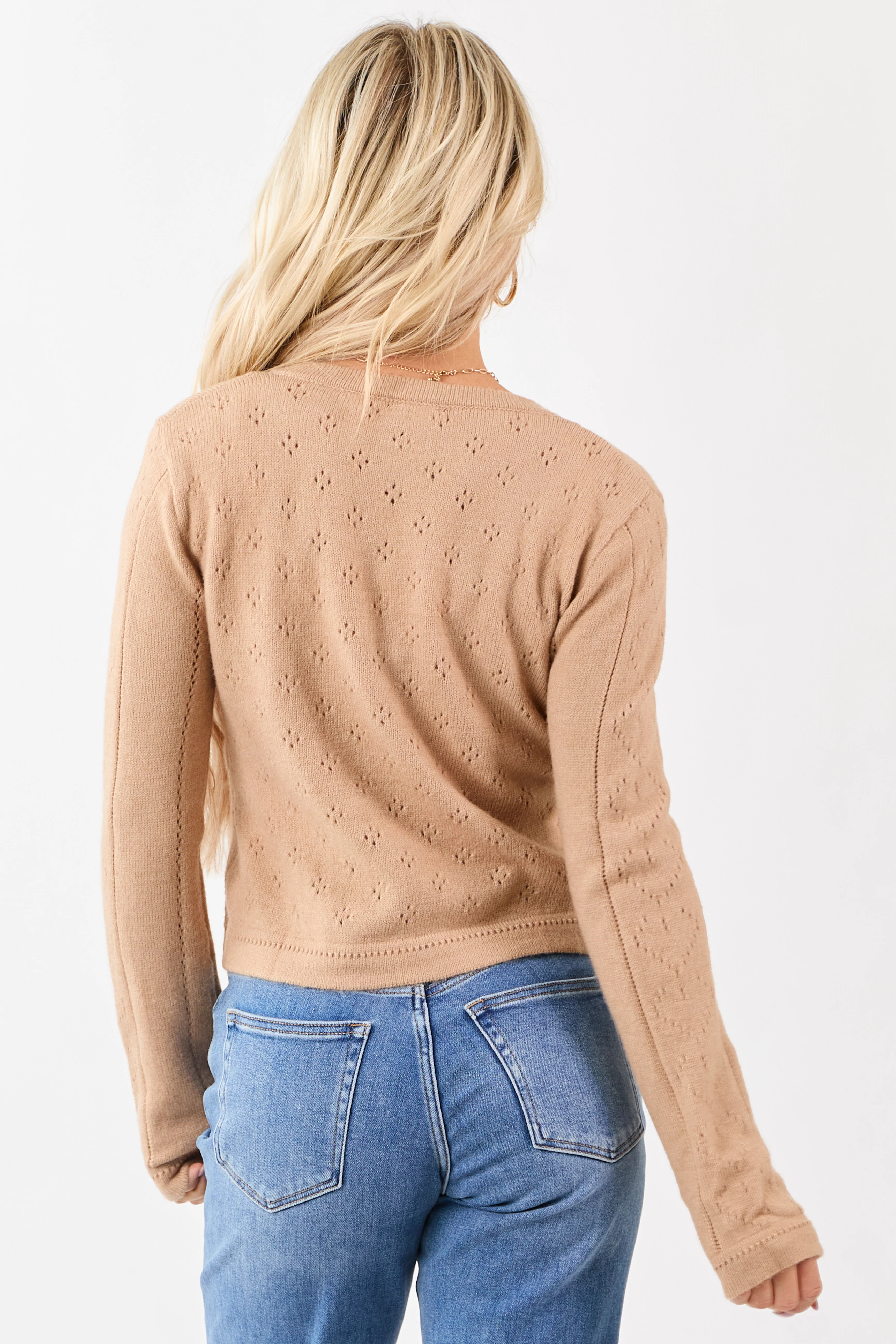 Camel Pointelle Button Down Long Sleeve Cardigan - Image 5