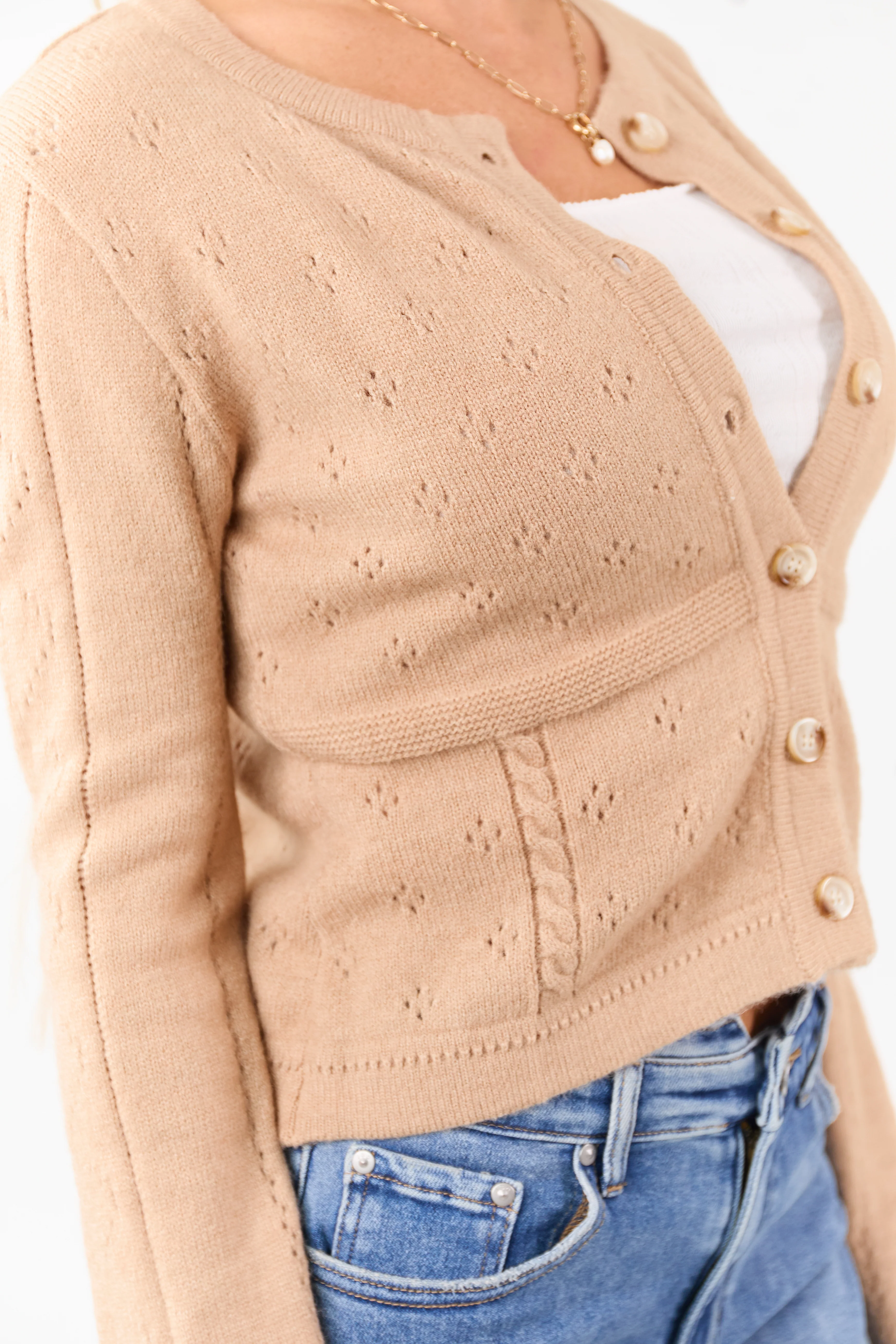 Camel Pointelle Button Down Long Sleeve Cardigan - Image 6