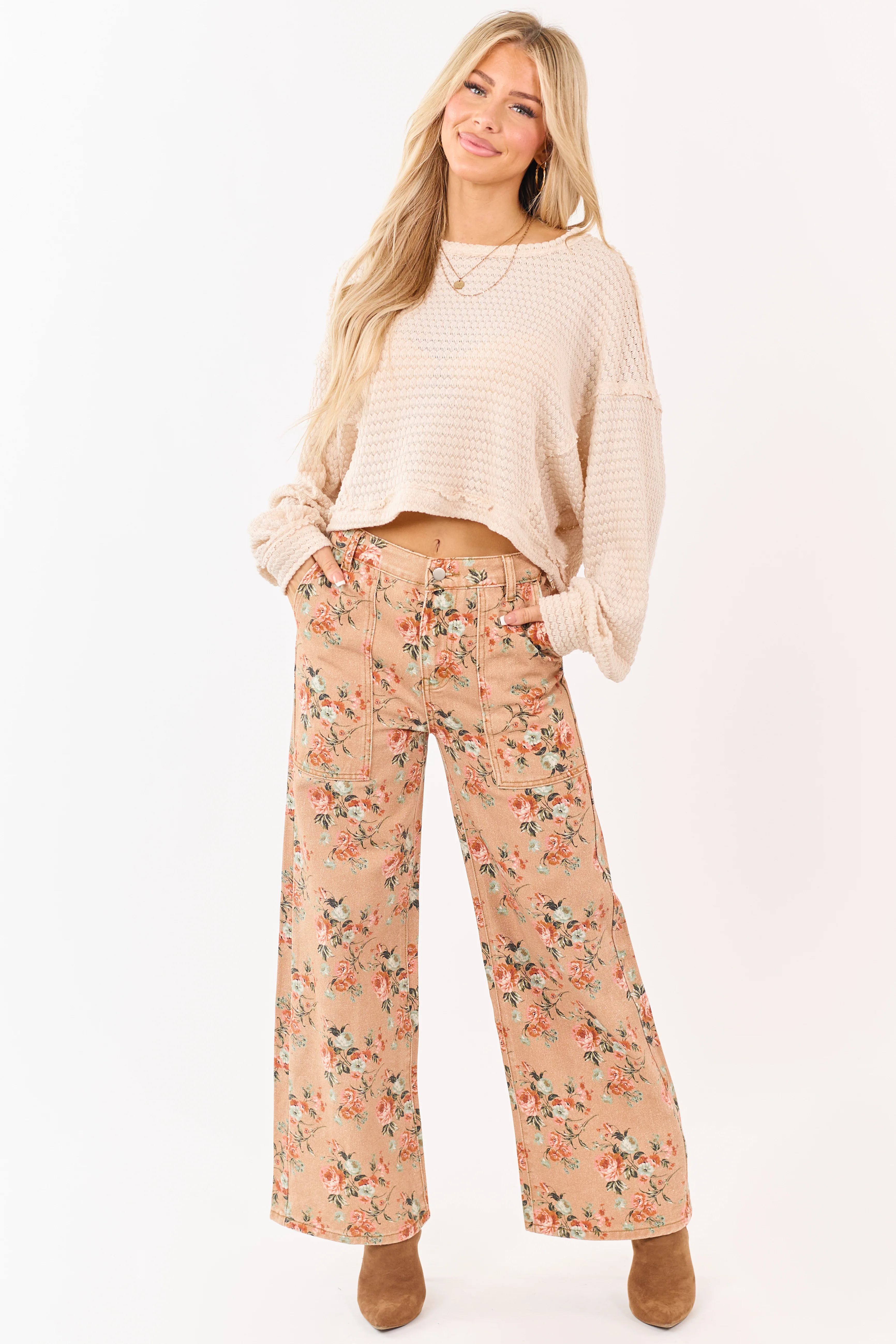 Camel Rose Print Wide Leg High Rise Jeans - Image 3