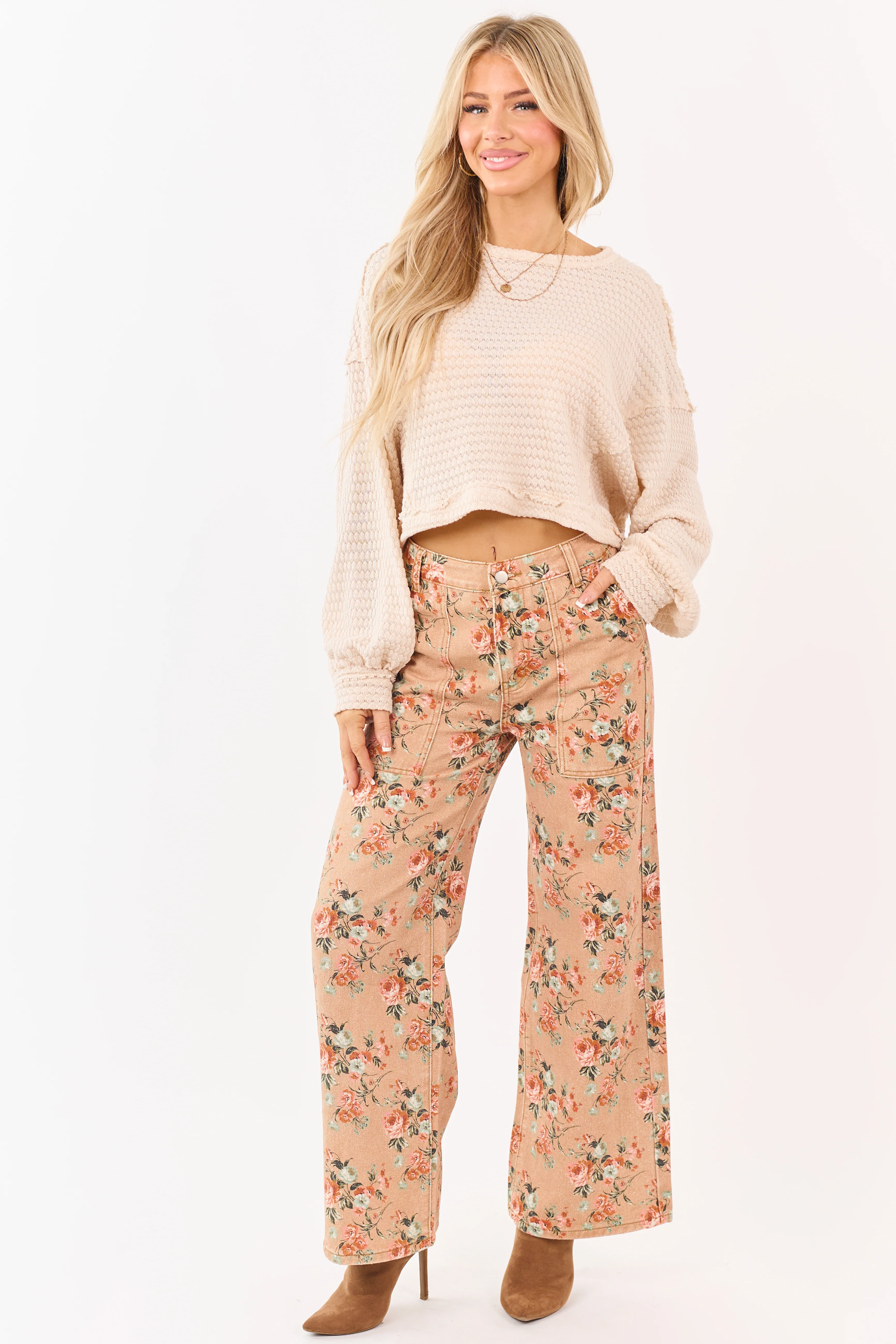 Camel Rose Print Wide Leg High Rise Jeans - Image 7