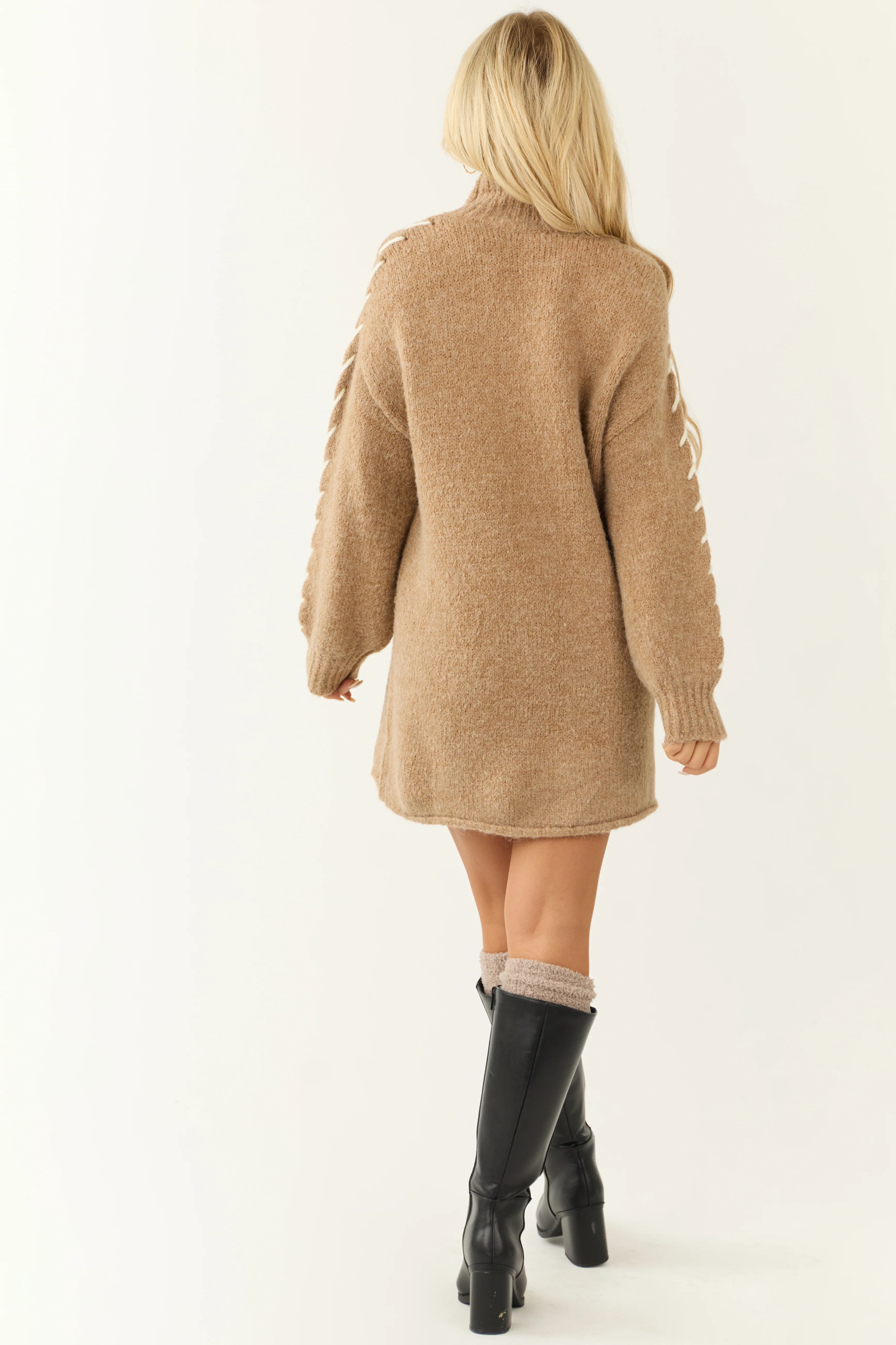 Camel Stitch Detail Mock Neck Sweater Dress - Image 5