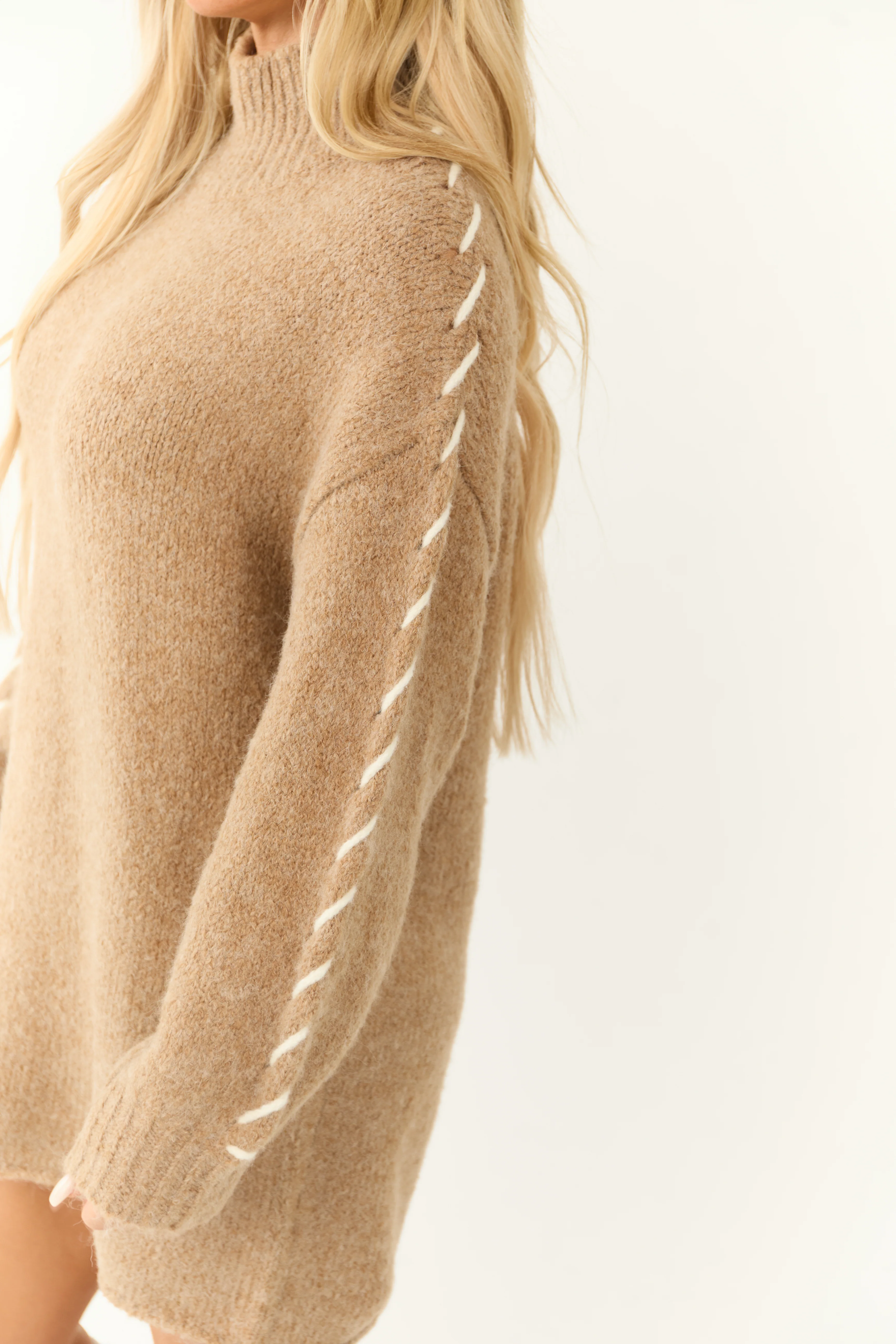 Camel Stitch Detail Mock Neck Sweater Dress - Image 6