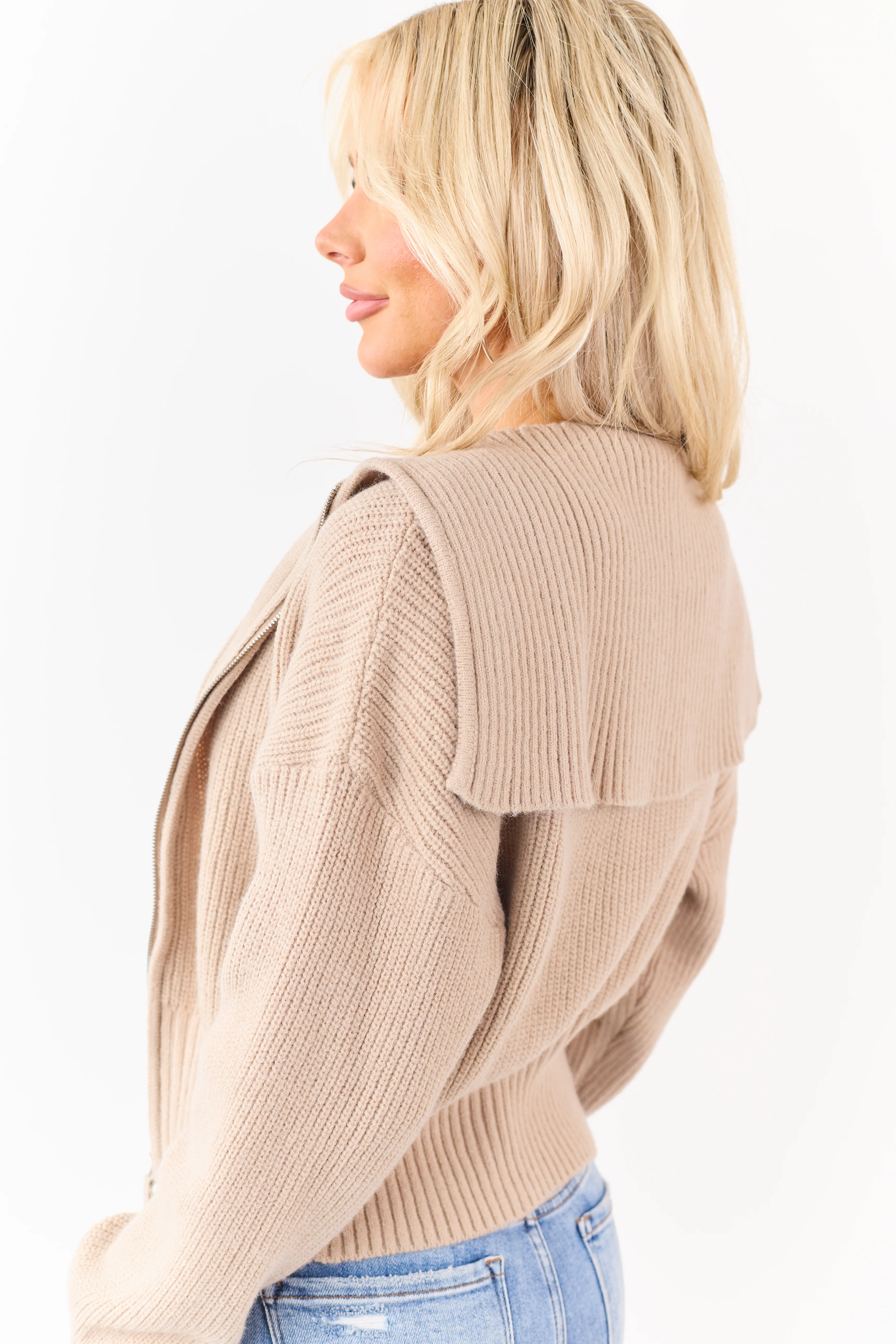 Camel Two-Way Zipper Knit Sweater Jacket - Image 6