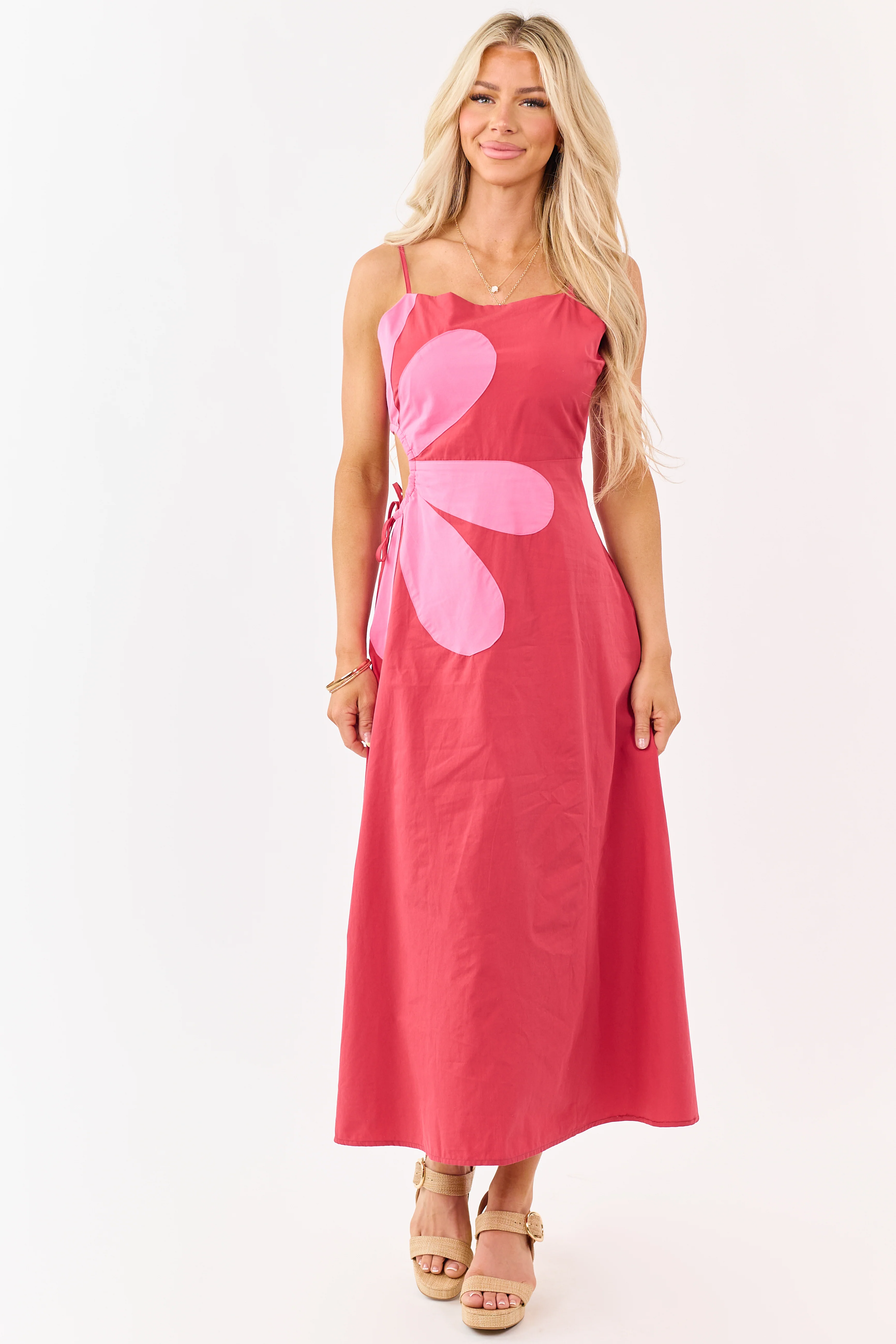 Candy Apple Red Cotton Side Cut Out Flower Midi Dress - Image 2