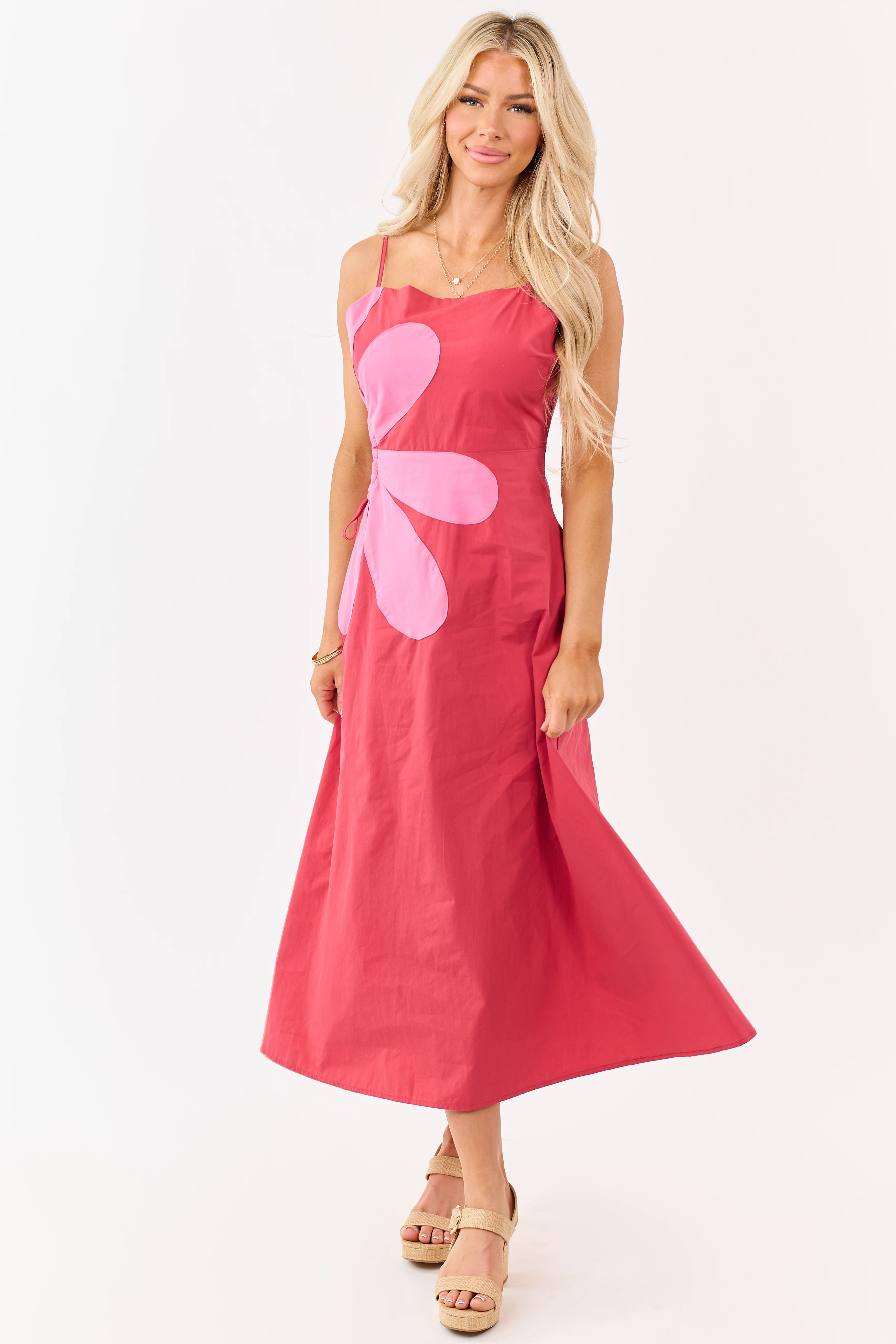 Candy Apple Red Cotton Side Cut Out Flower Midi Dress - Image 3