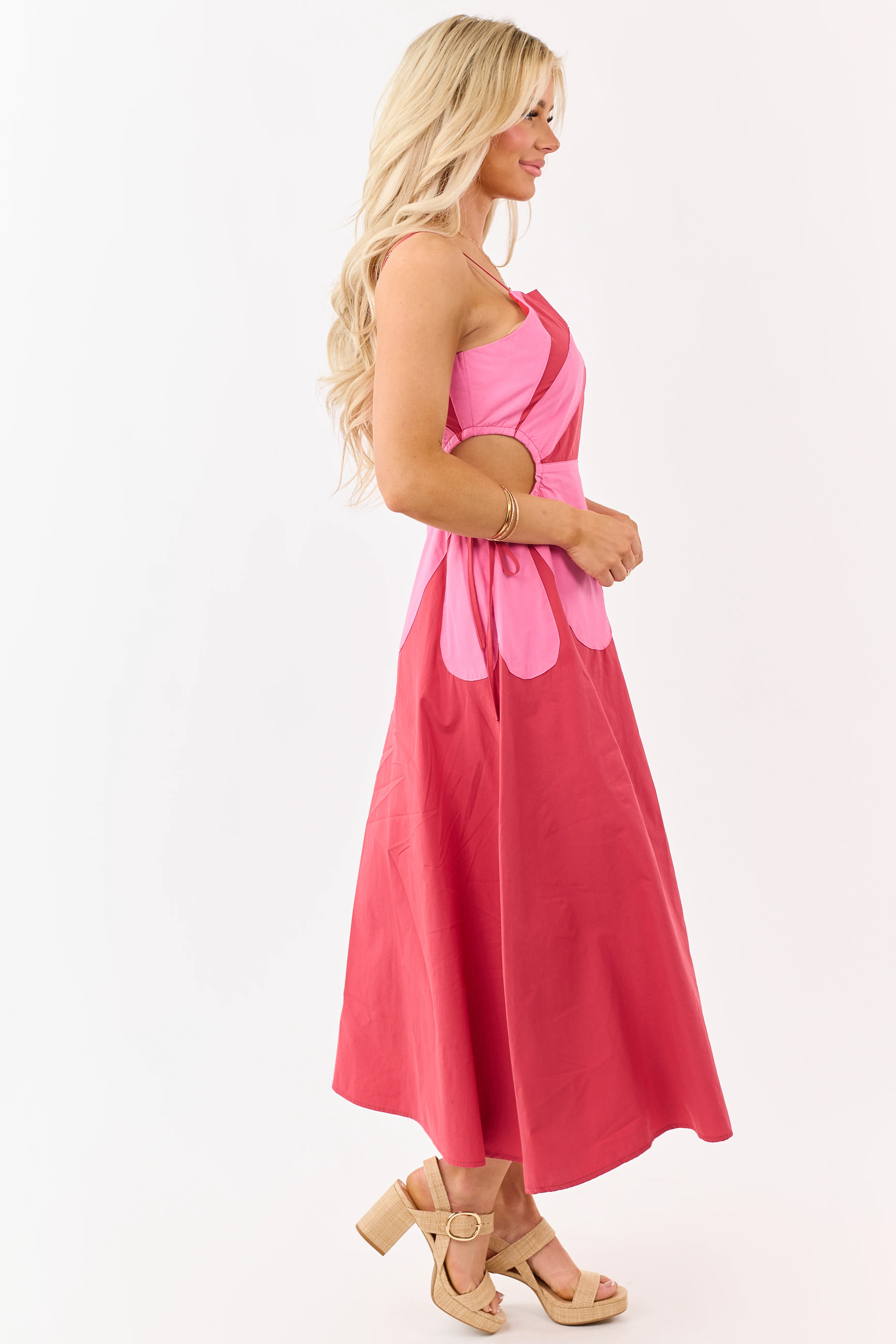 Candy Apple Red Cotton Side Cut Out Flower Midi Dress - Image 4