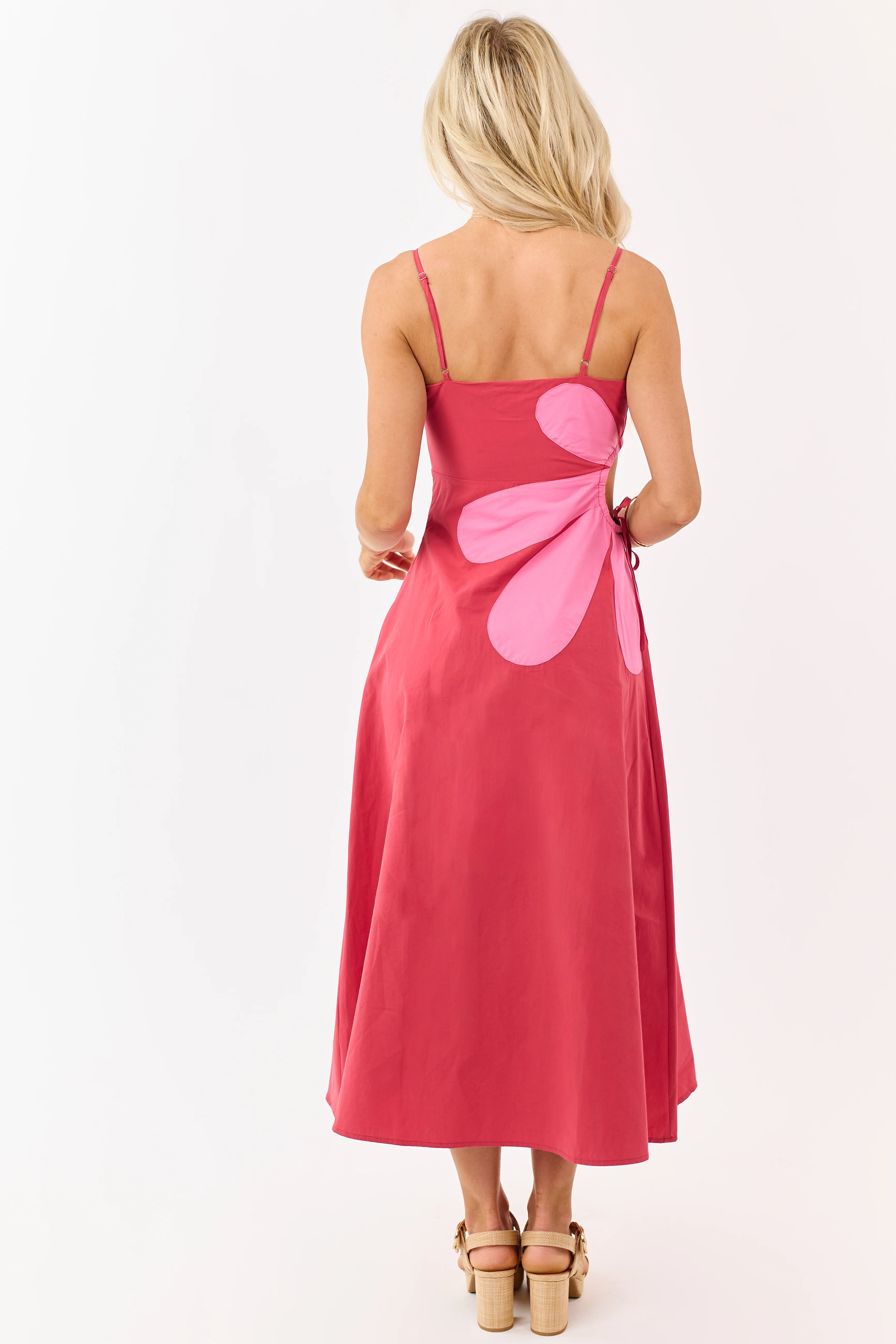 Candy Apple Red Cotton Side Cut Out Flower Midi Dress - Image 5