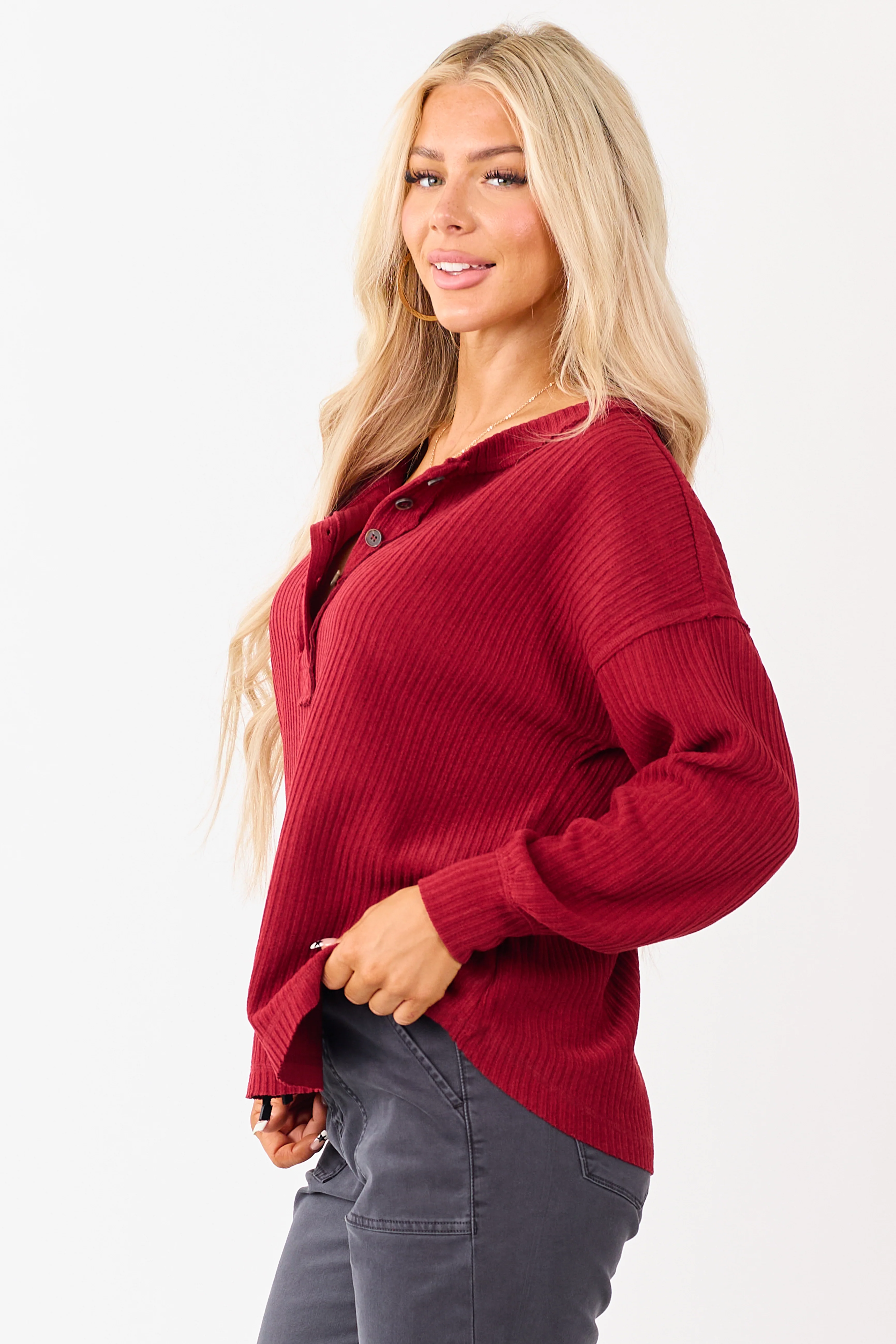 Candy Apple Red Long Sleeve Knit Henley Top - Image 5