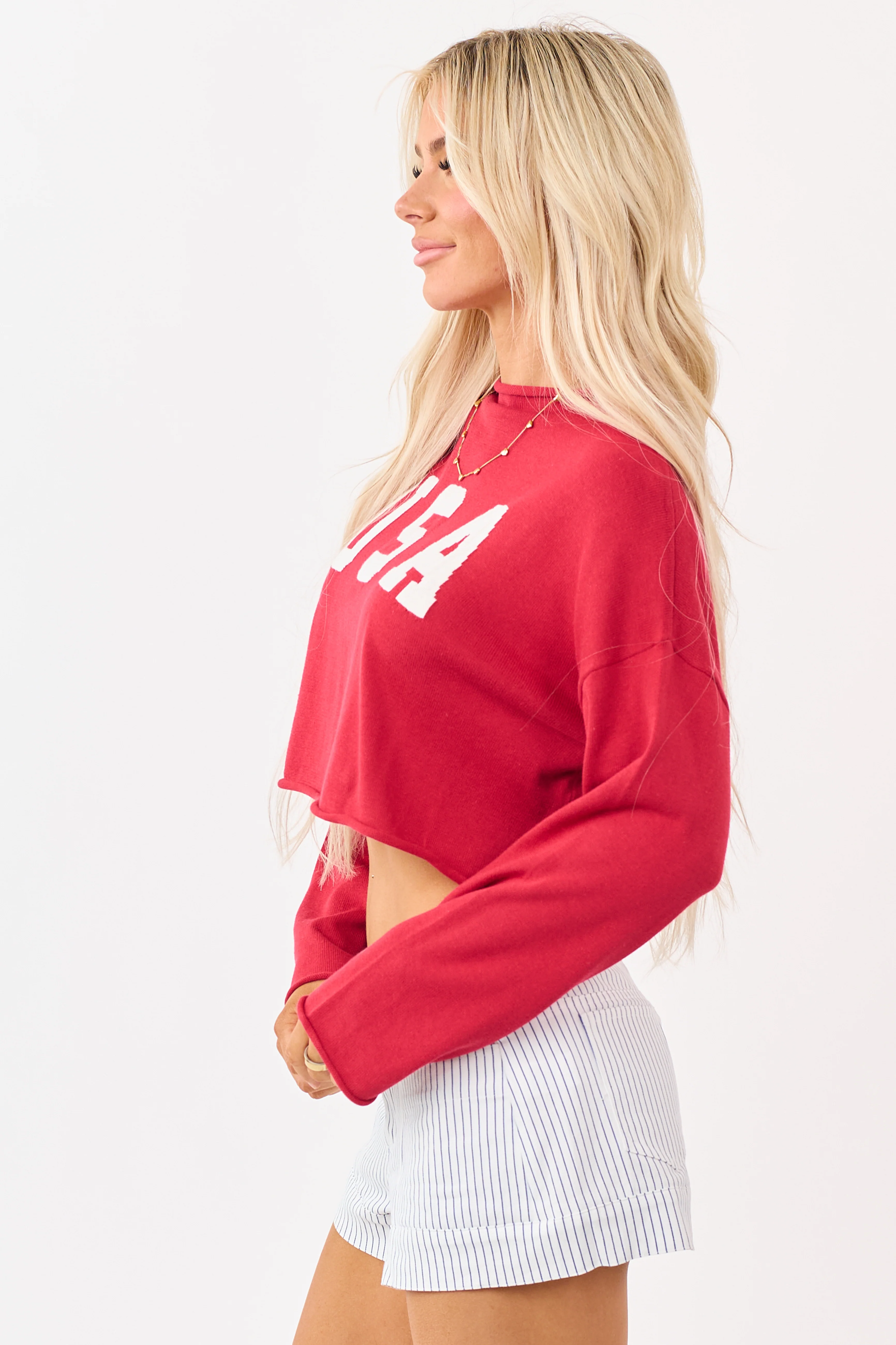 Candy Apple Red 'USA' Cropped Long Sleeve Sweater - Image 5