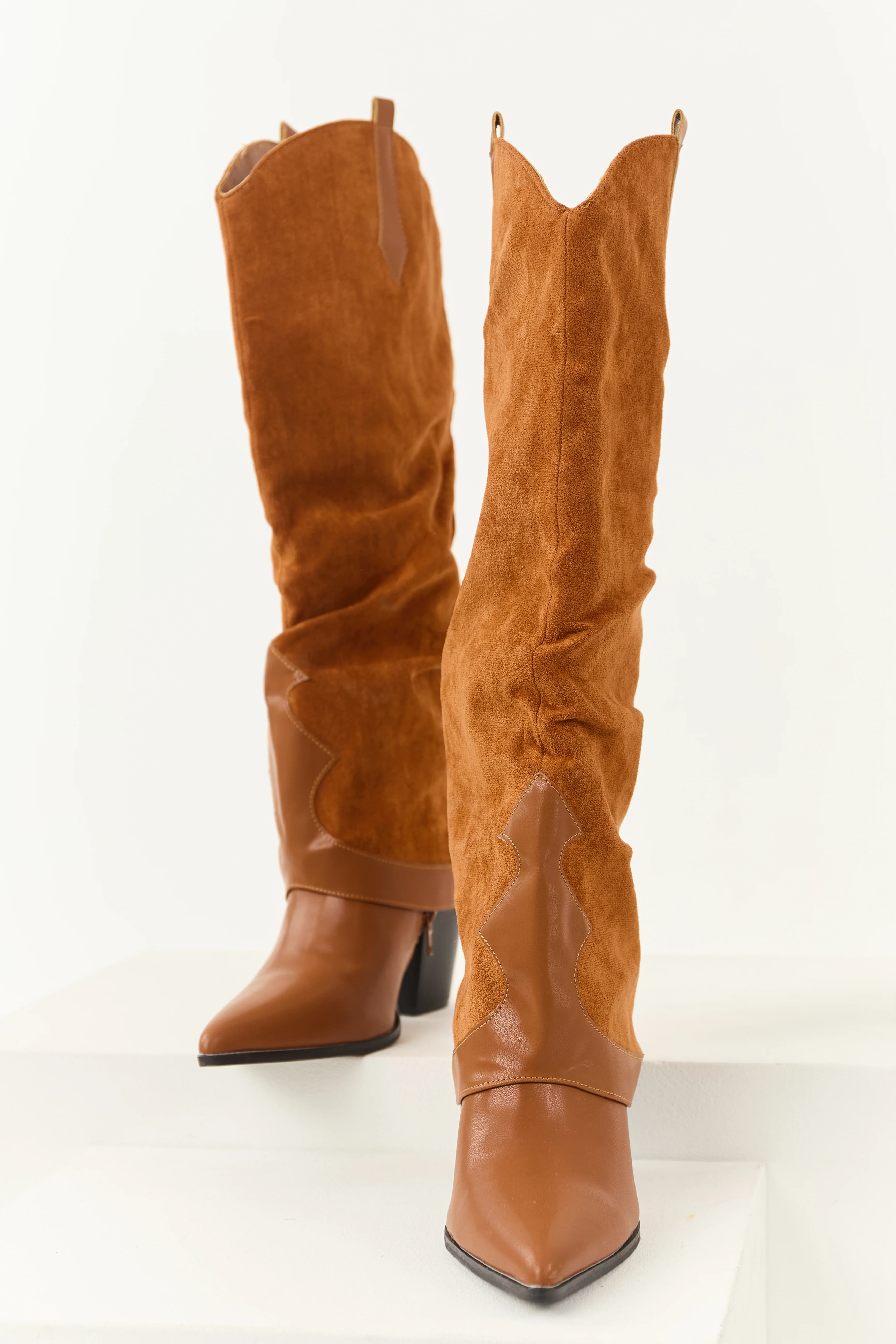 Caramel Faux Suede Overlay Knee High Cowboy Boots - Image 2