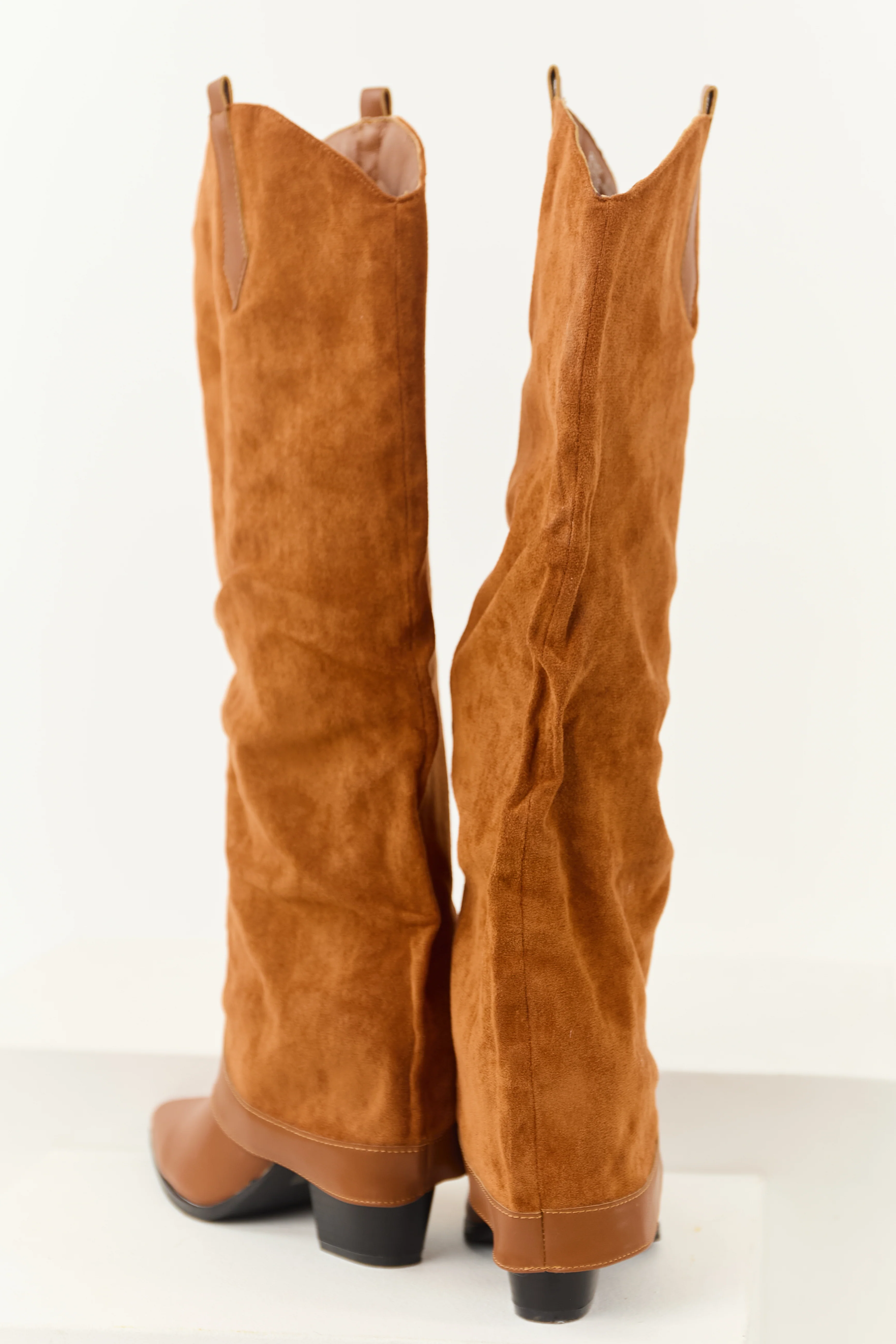 Caramel Faux Suede Overlay Knee High Cowboy Boots - Image 3