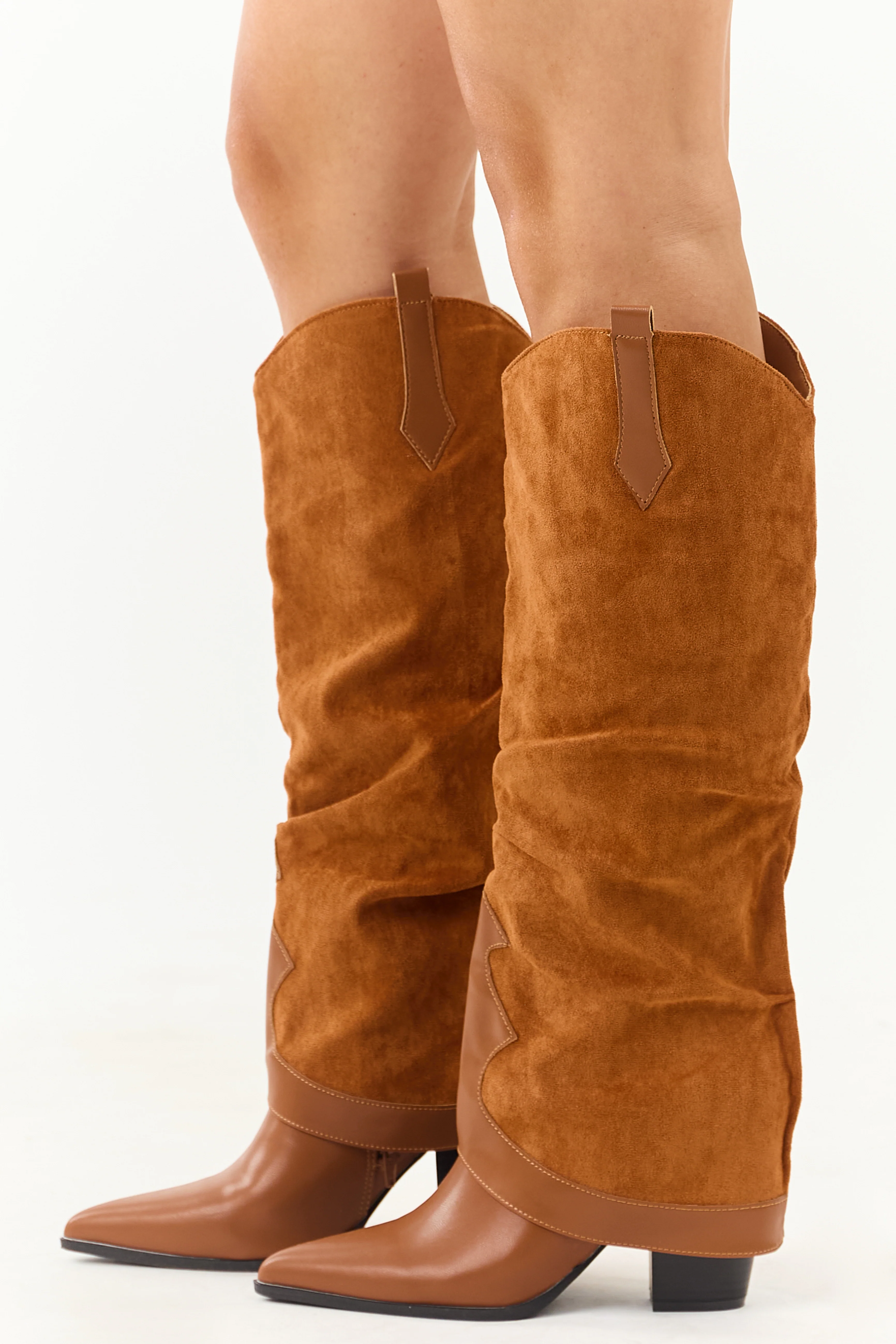 Caramel Faux Suede Overlay Knee High Cowboy Boots - Image 4