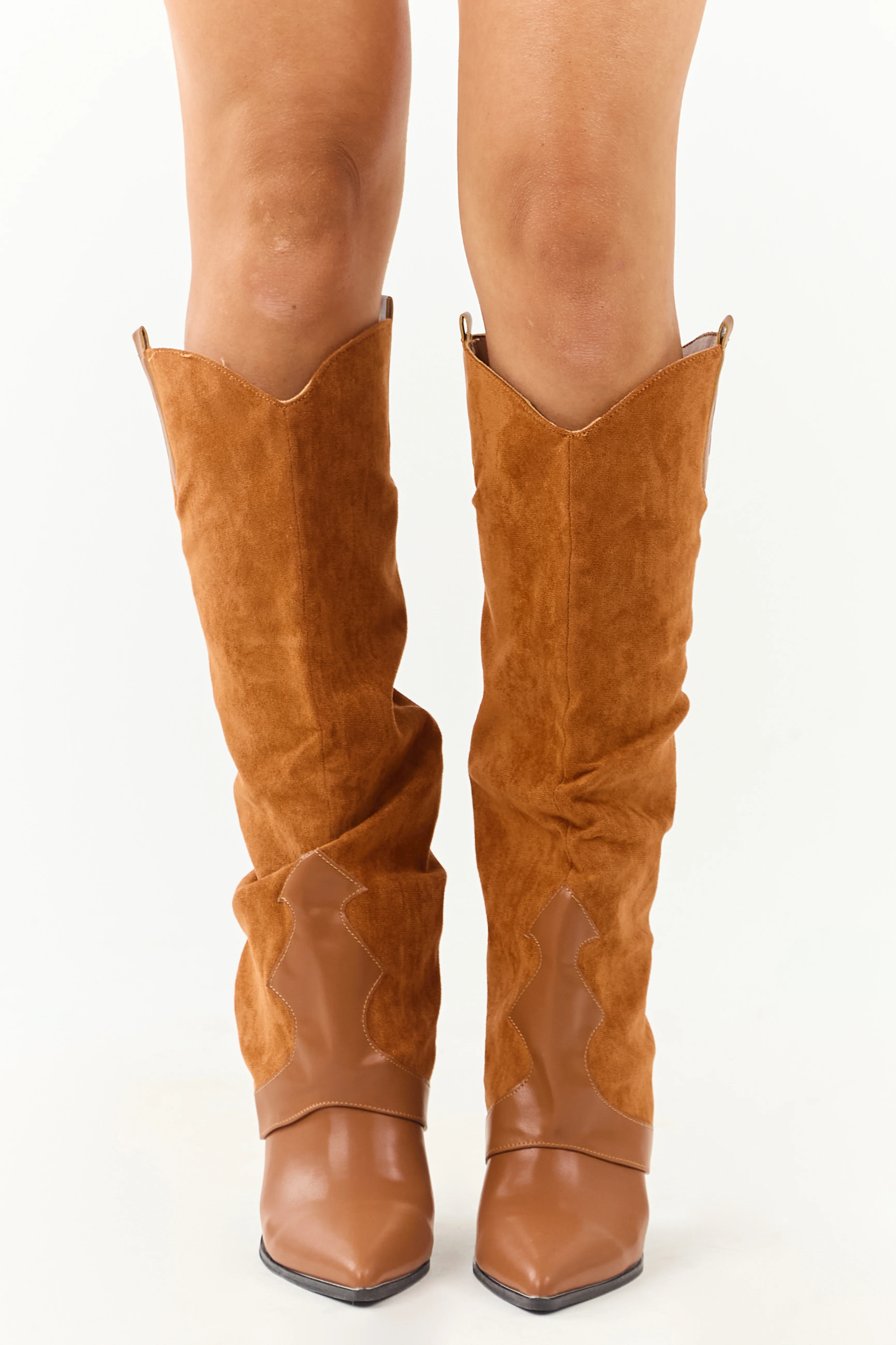Caramel Faux Suede Overlay Knee High Cowboy Boots - Image 5