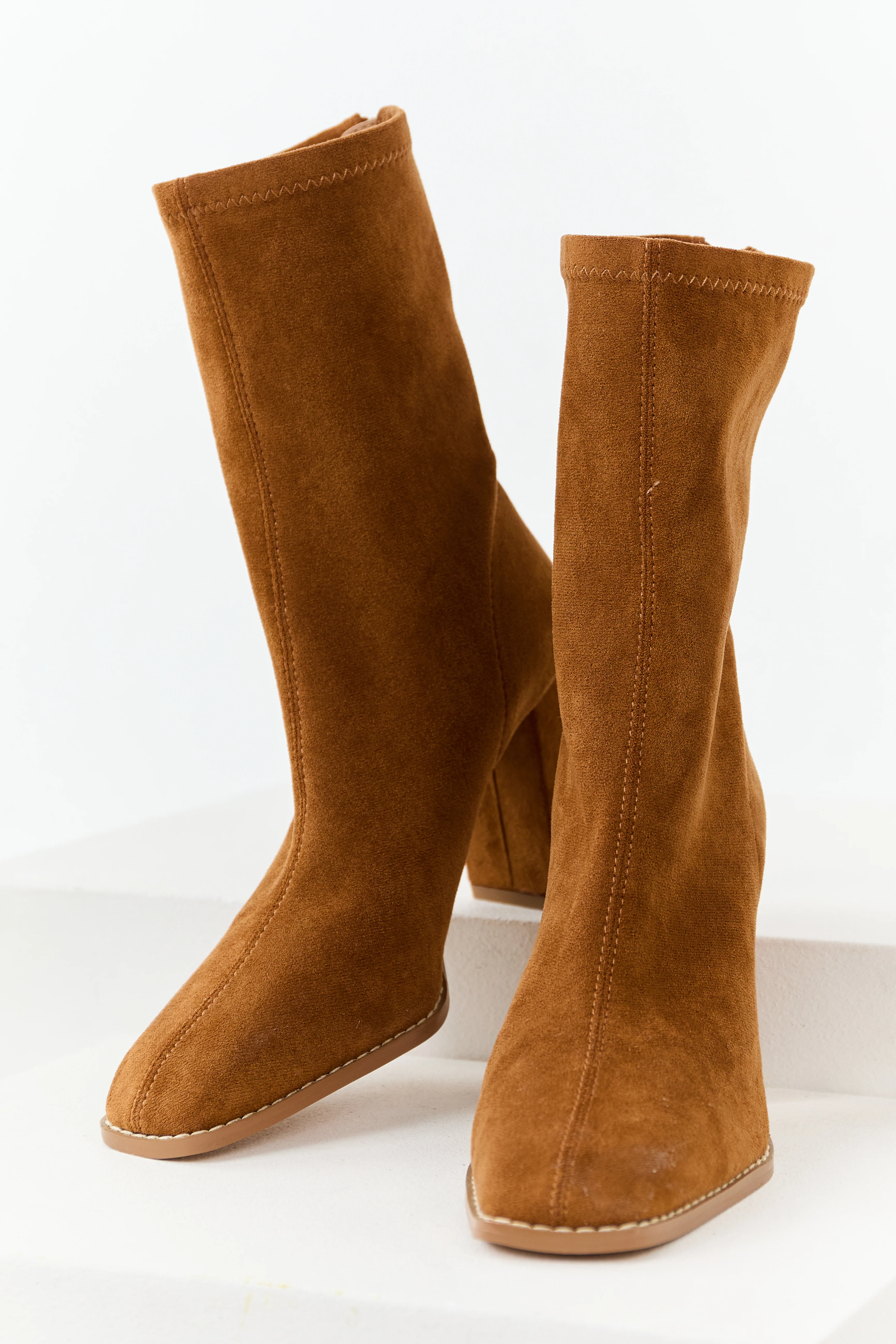 Caramel Faux Suede Square Toe Block Heel Boots - Image 2