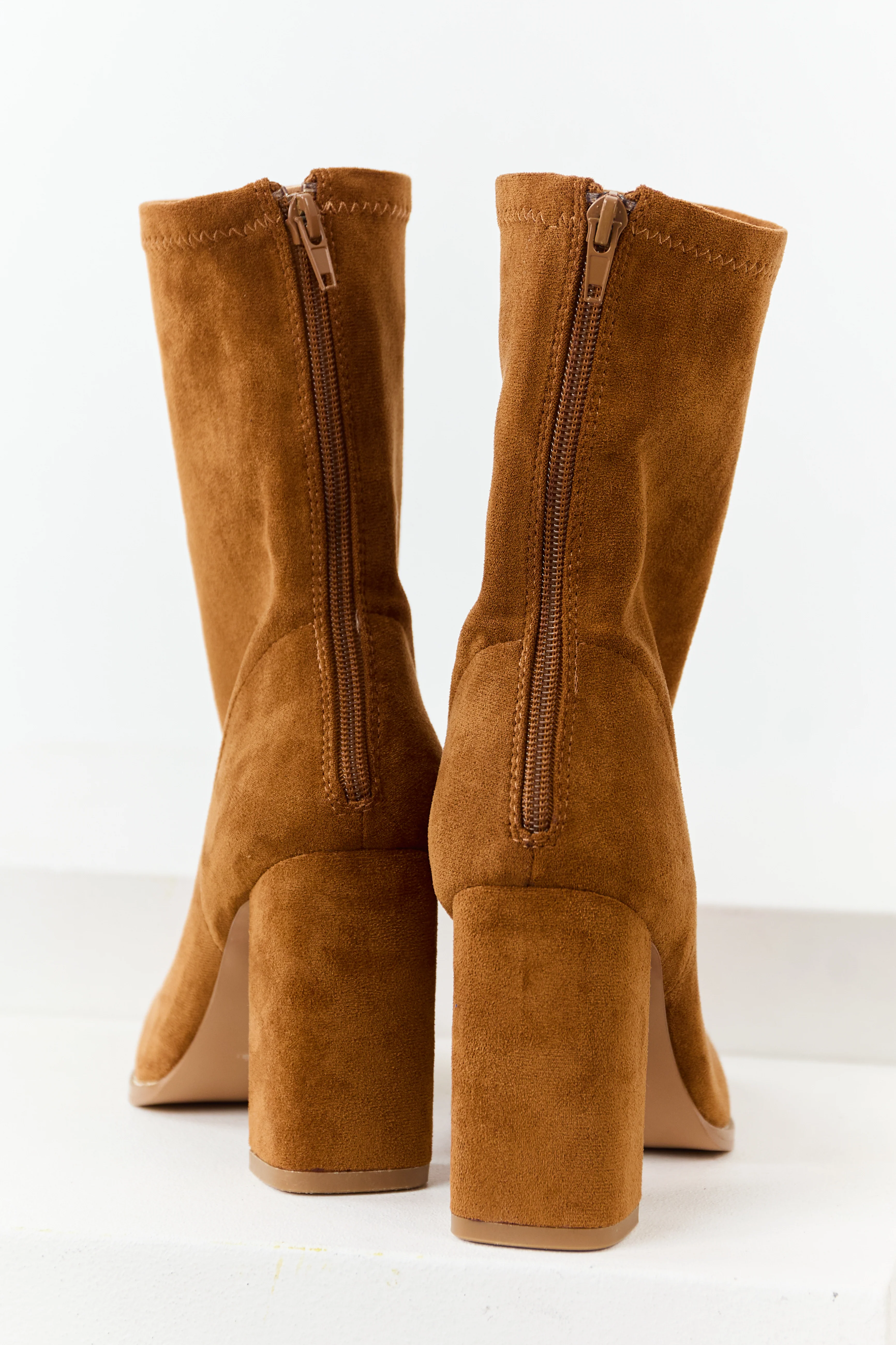 Caramel Faux Suede Square Toe Block Heel Boots - Image 3