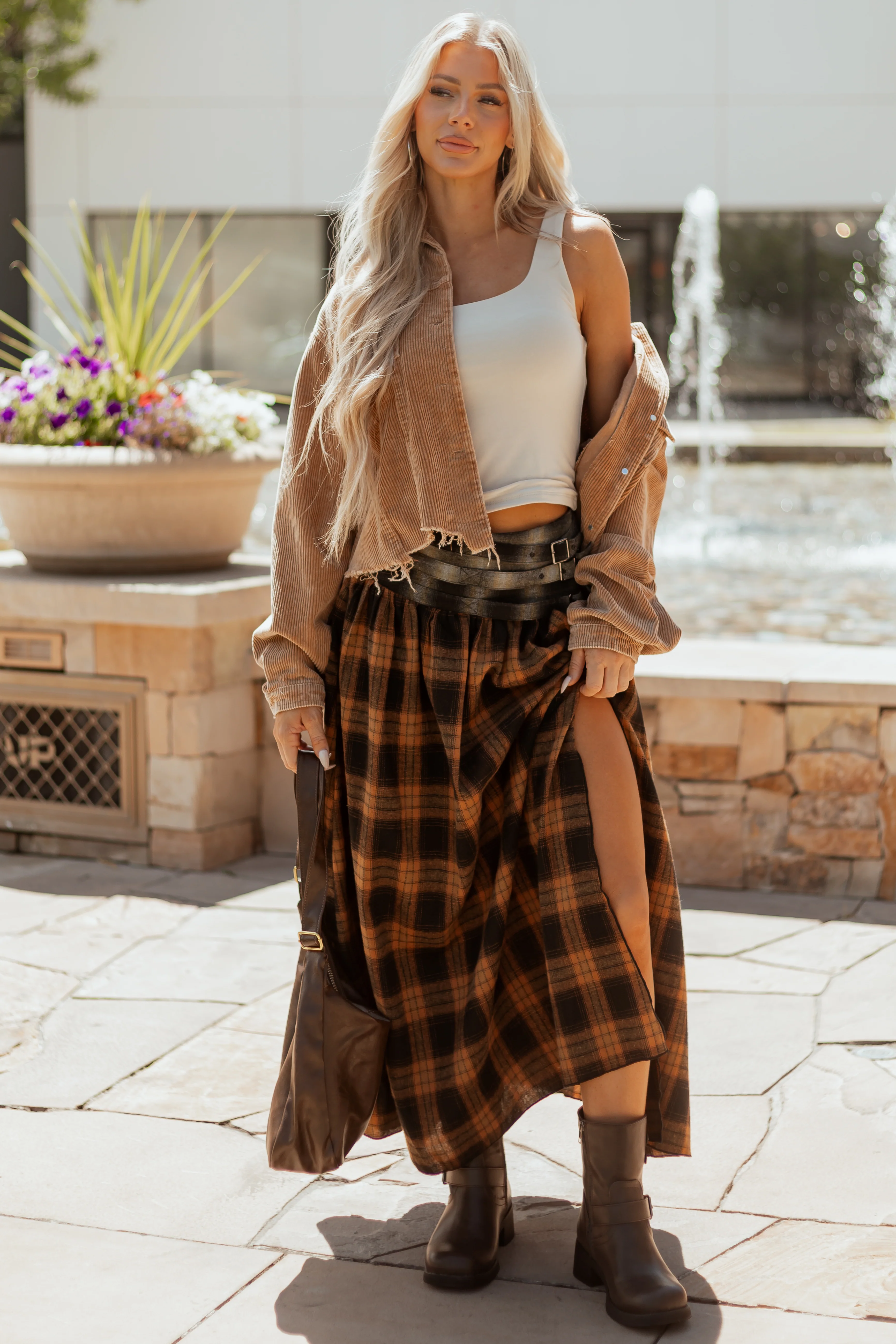 Caramel Plaid Contrast Belt Waist Maxi Skirt - Image 2