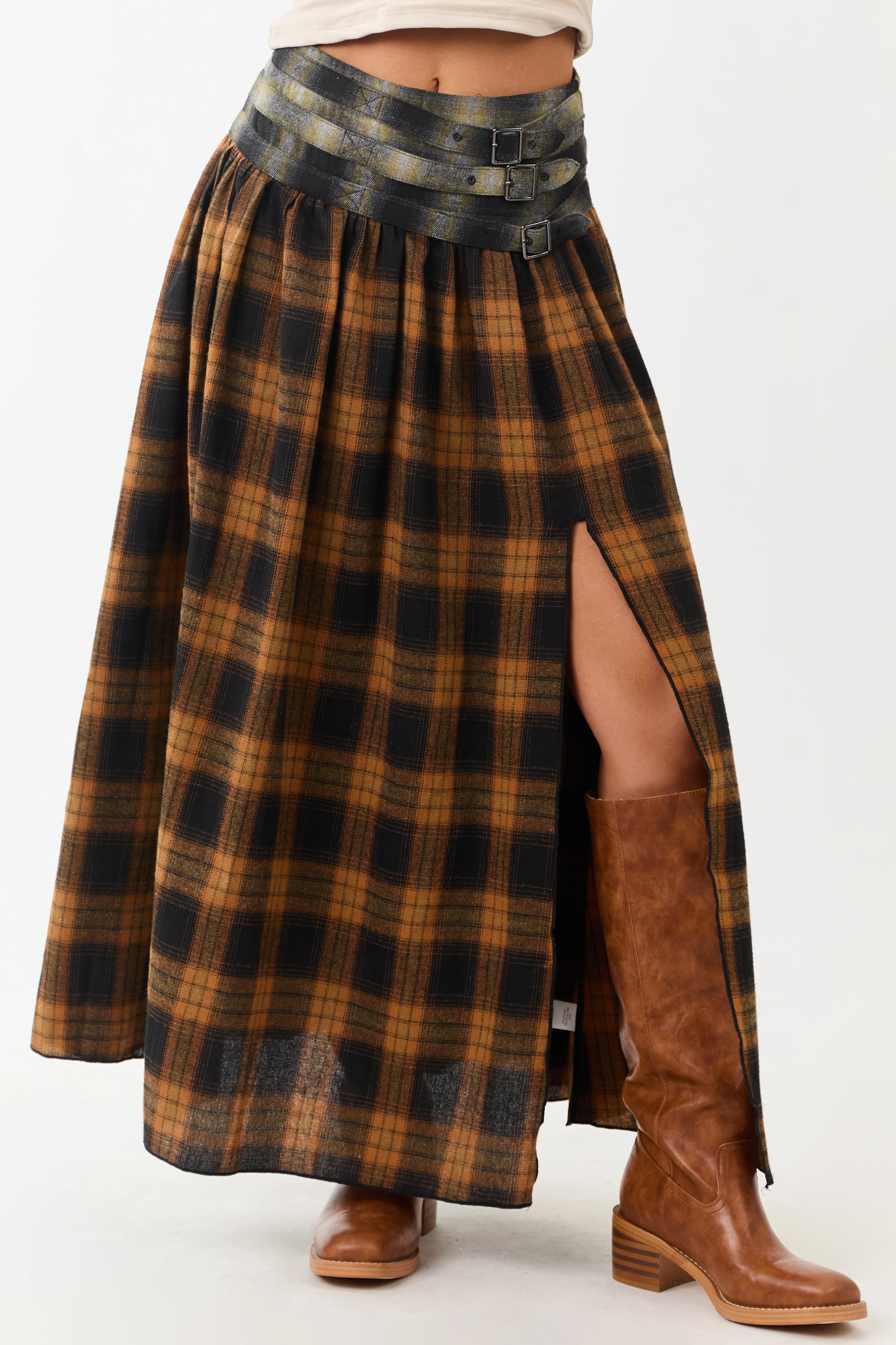 Caramel Plaid Contrast Belt Waist Maxi Skirt - Image 3