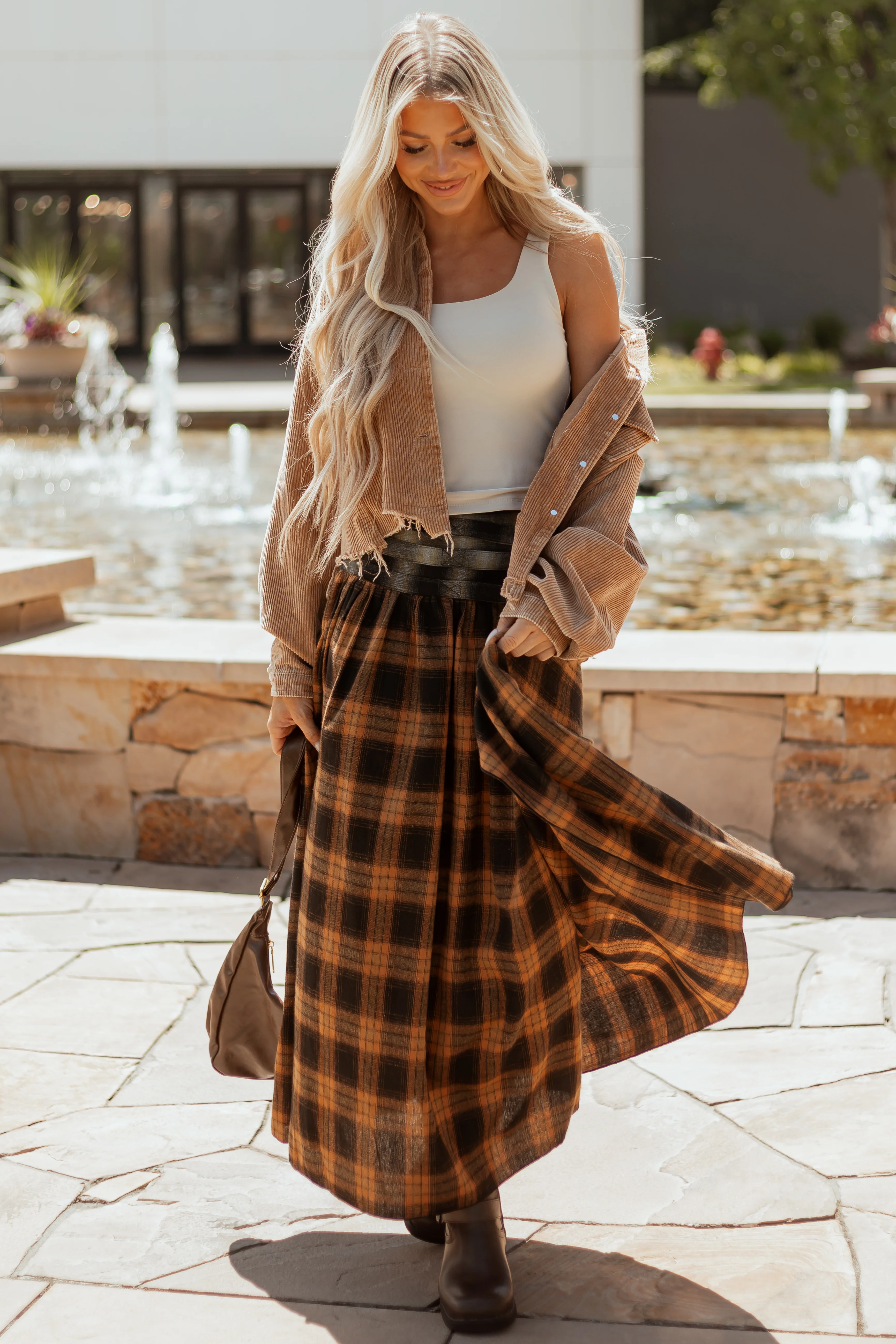 Caramel Plaid Contrast Belt Waist Maxi Skirt - Image 4