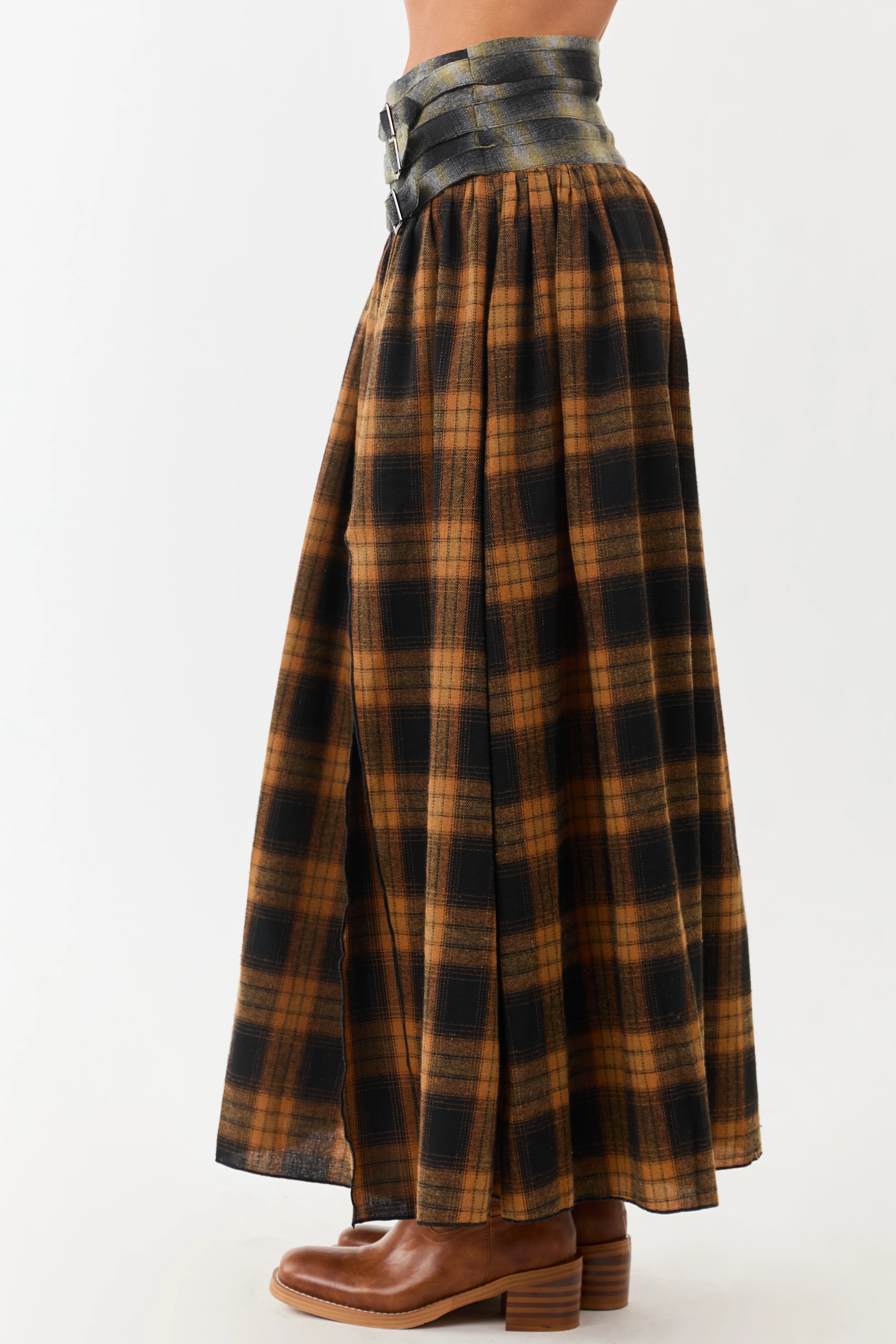Caramel Plaid Contrast Belt Waist Maxi Skirt - Image 6