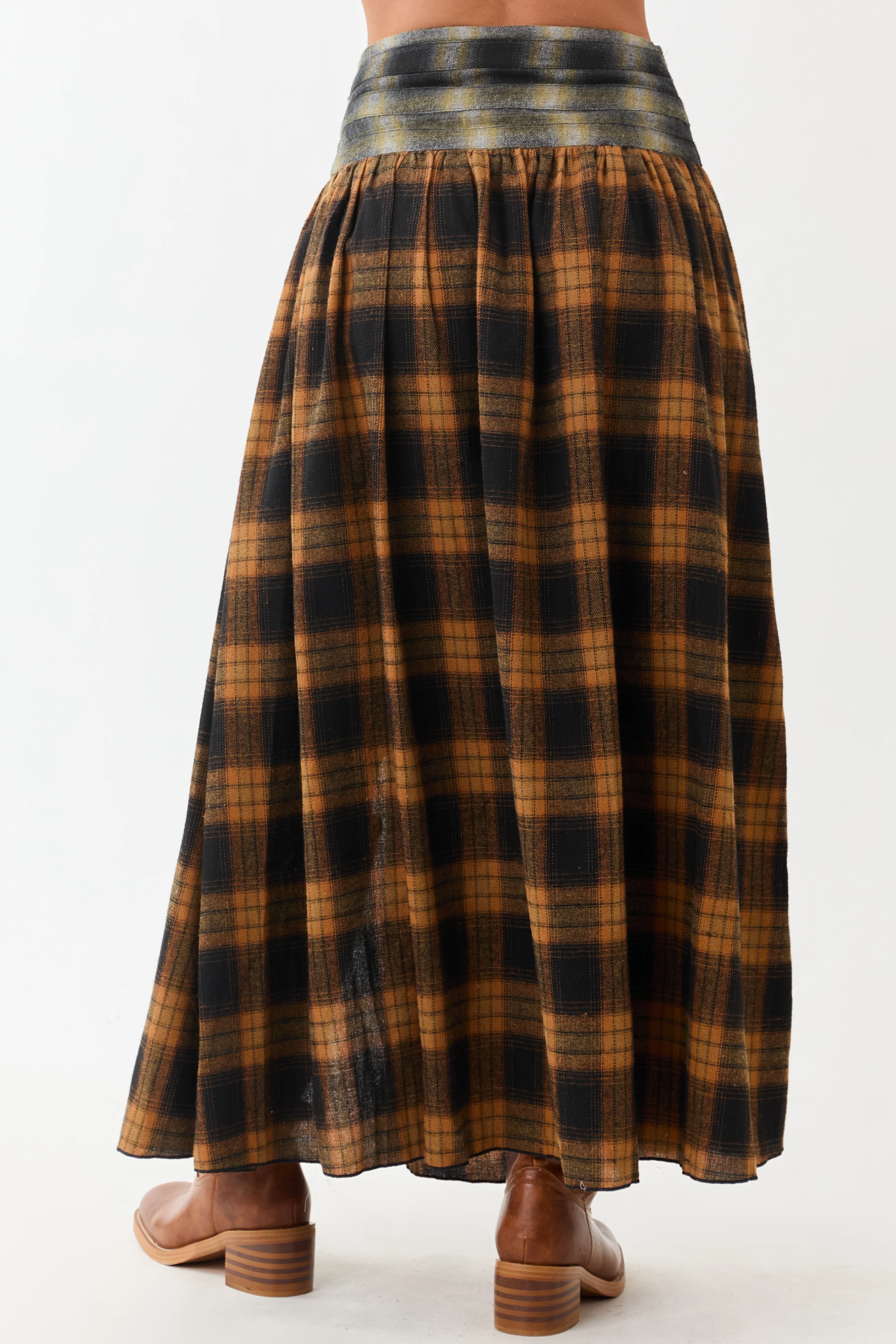 Caramel Plaid Contrast Belt Waist Maxi Skirt - Image 7