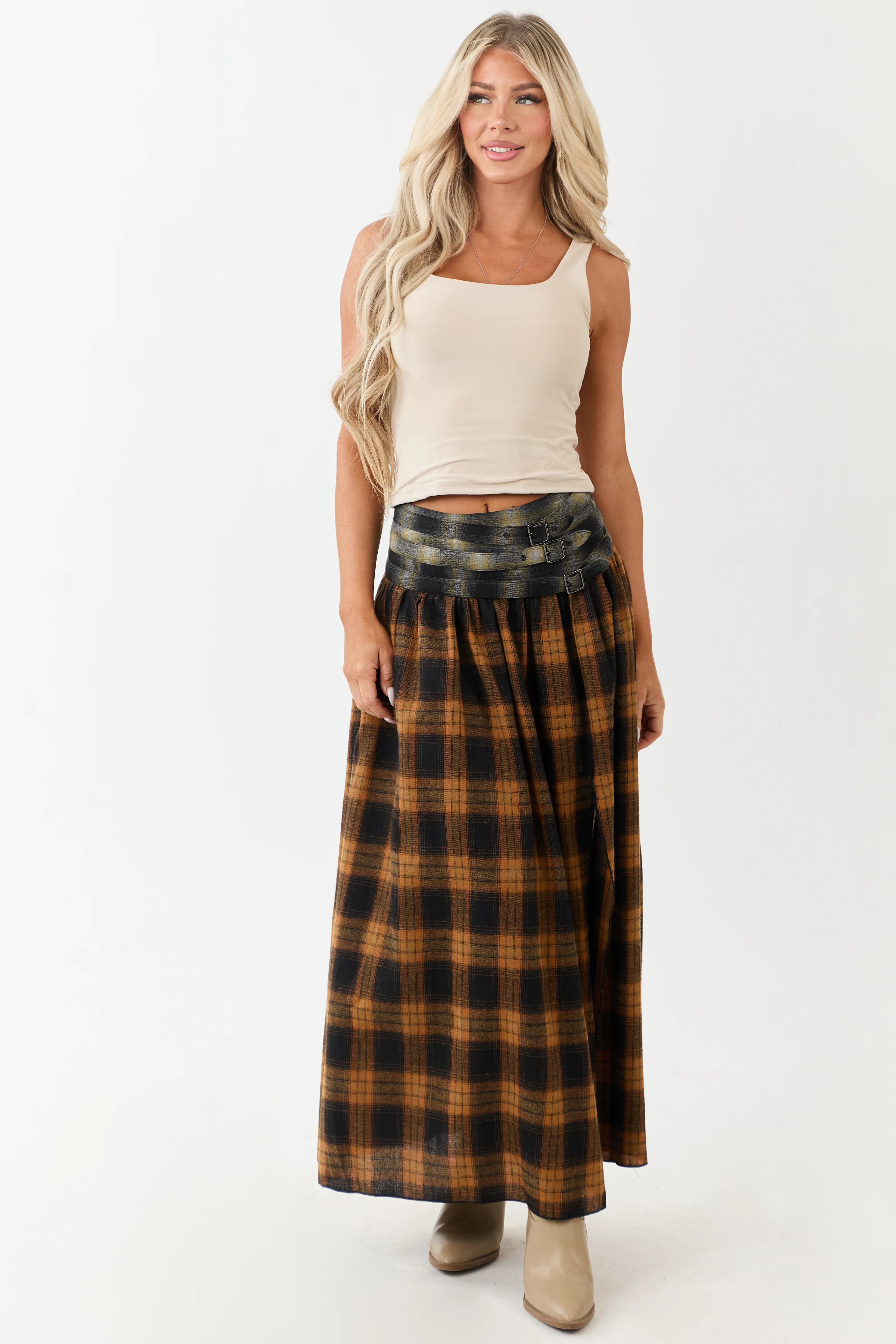 Caramel Plaid Contrast Belt Waist Maxi Skirt - Image 8