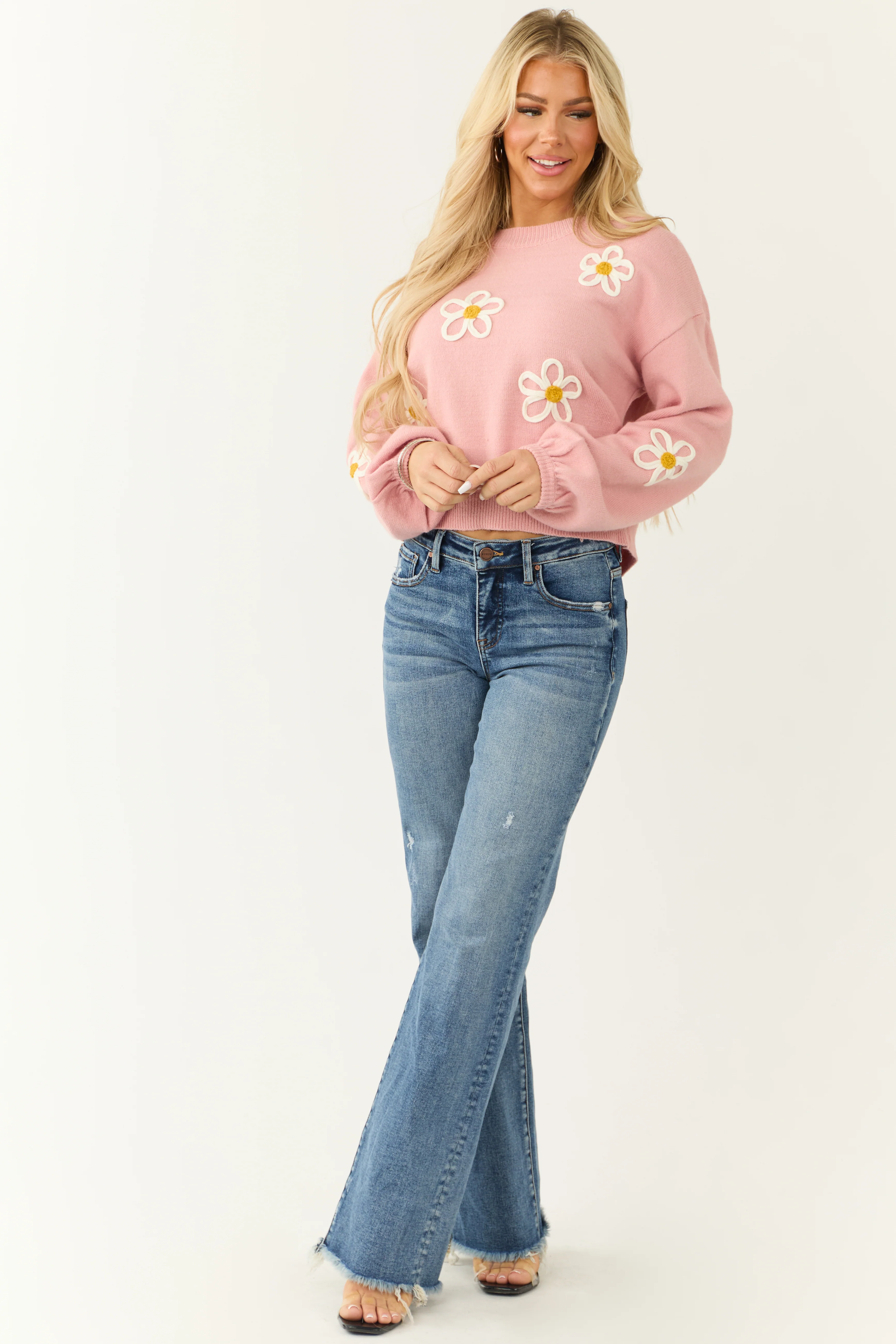 Carnation Floral Embroidered Puff Sleeve Sweater - Image 3