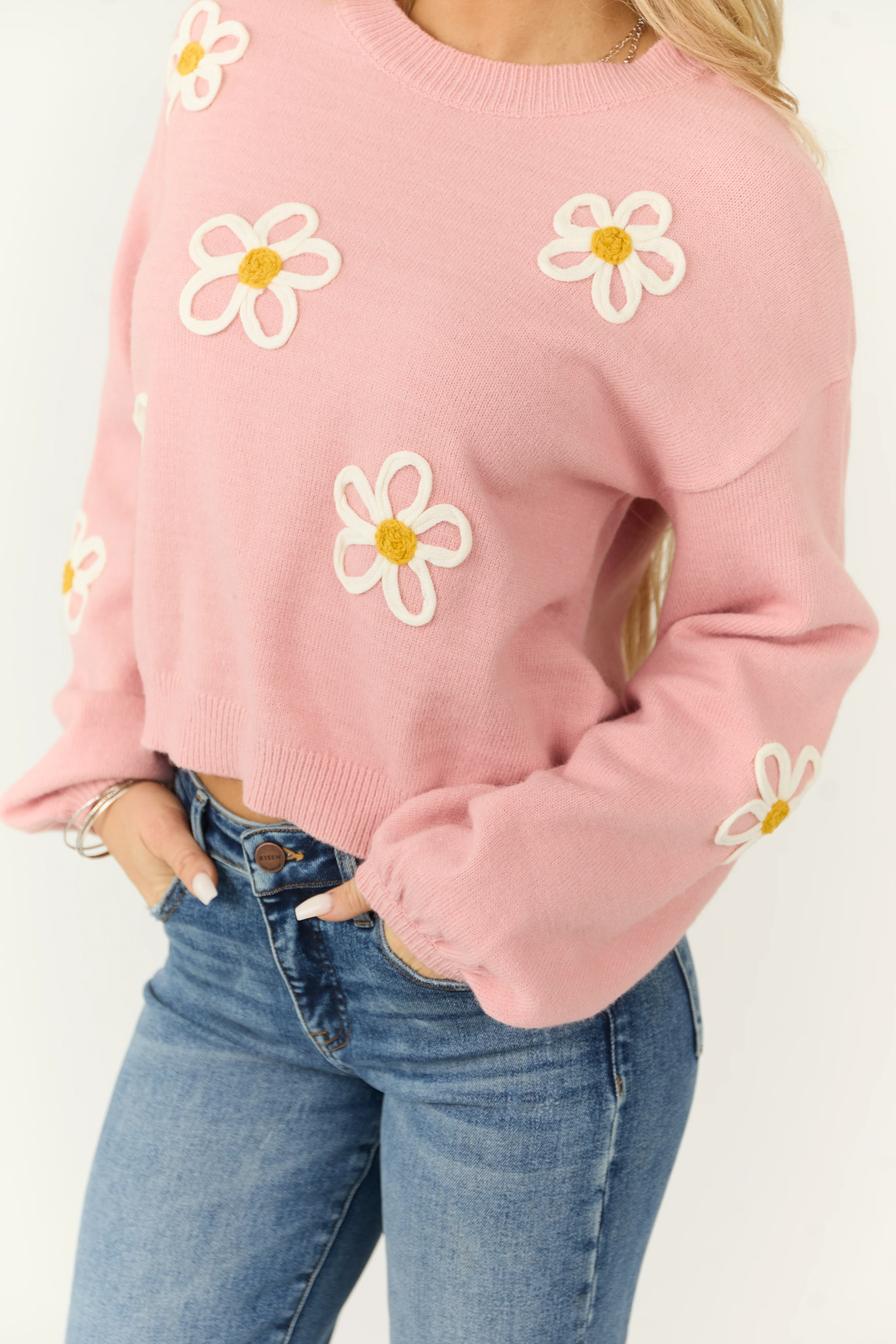 Carnation Floral Embroidered Puff Sleeve Sweater - Image 6