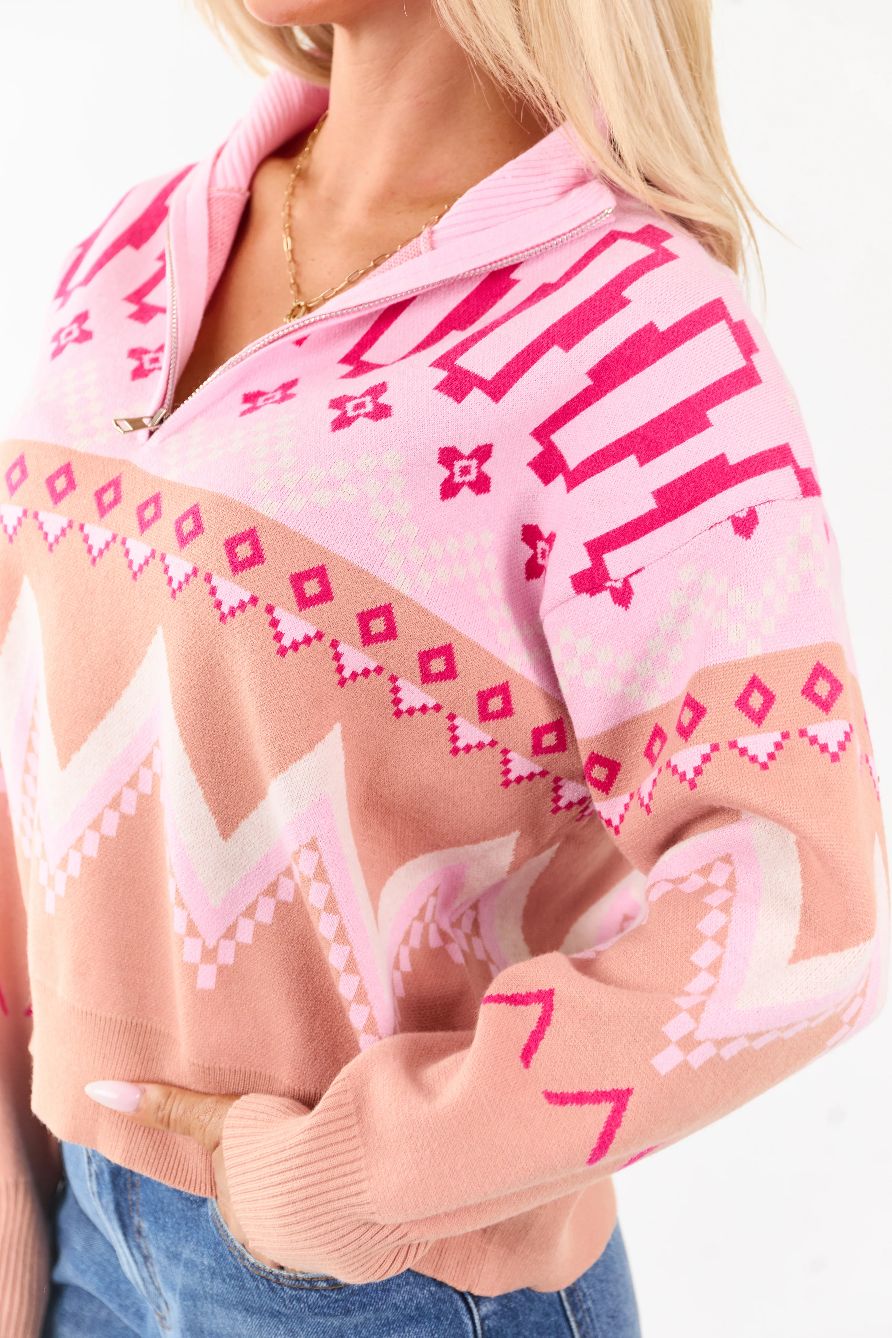 Carnation Geometric Half Zip Up Pullover Sweater - Image 2