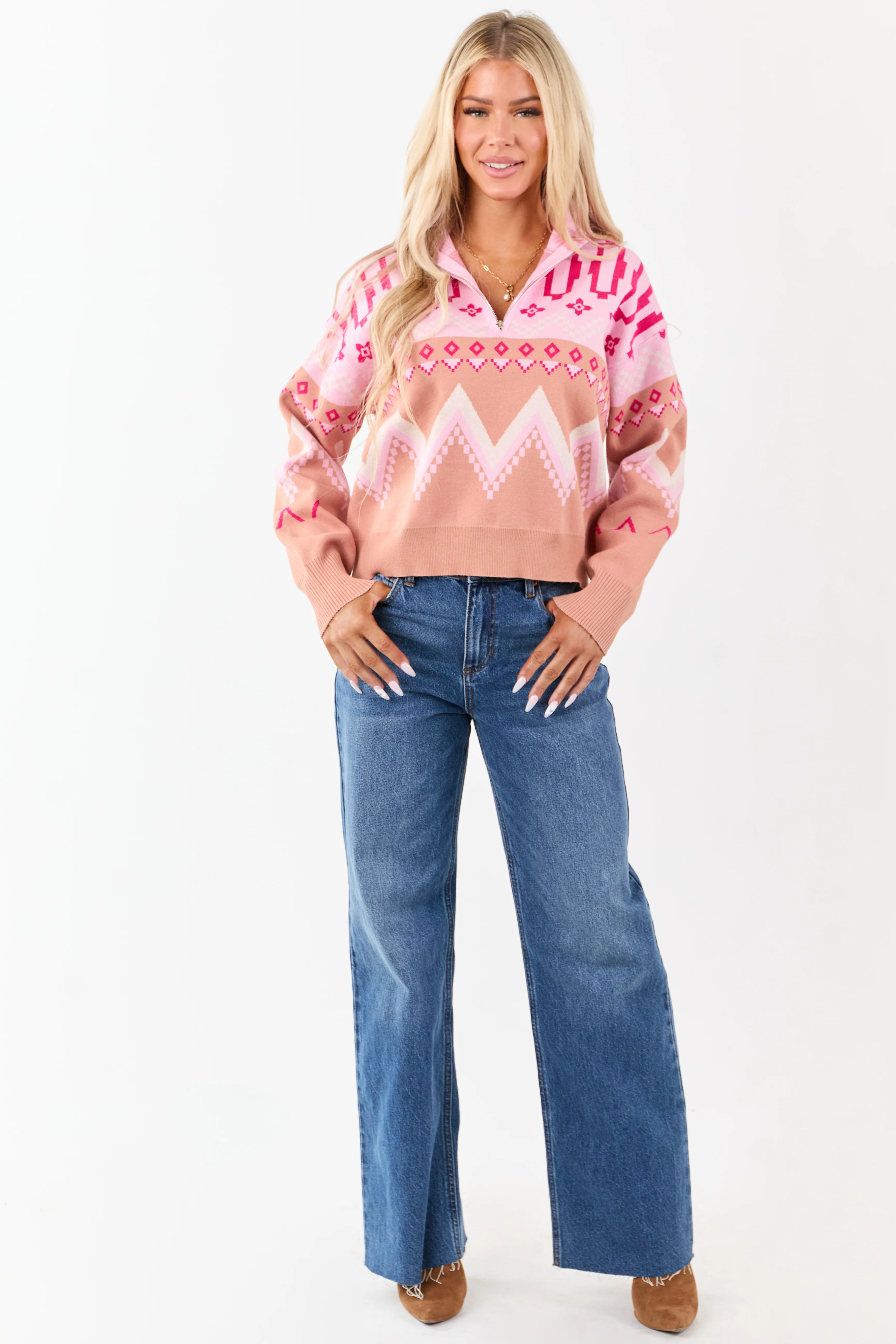 Carnation Geometric Half Zip Up Pullover Sweater - Image 3