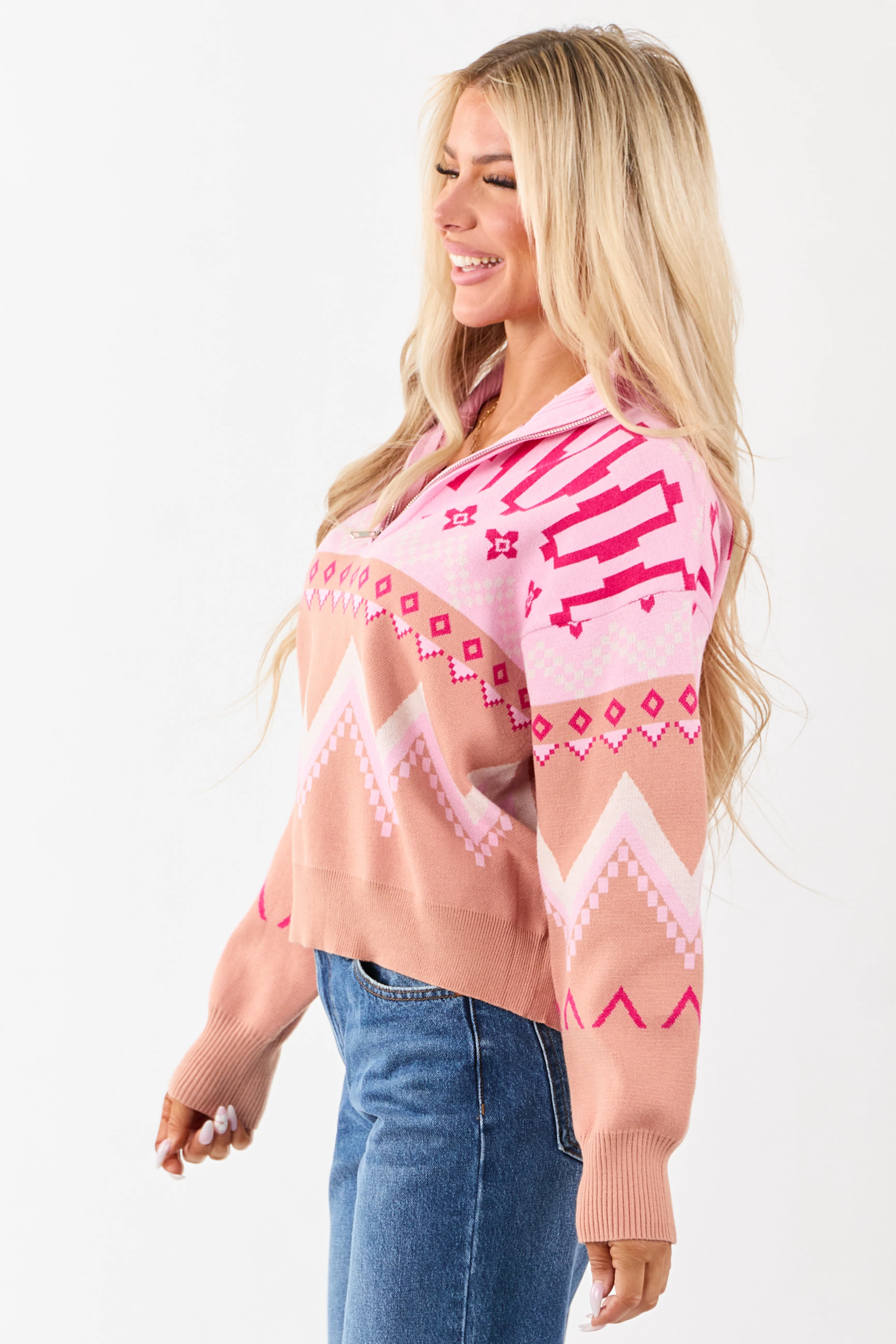 Carnation Geometric Half Zip Up Pullover Sweater - Image 5