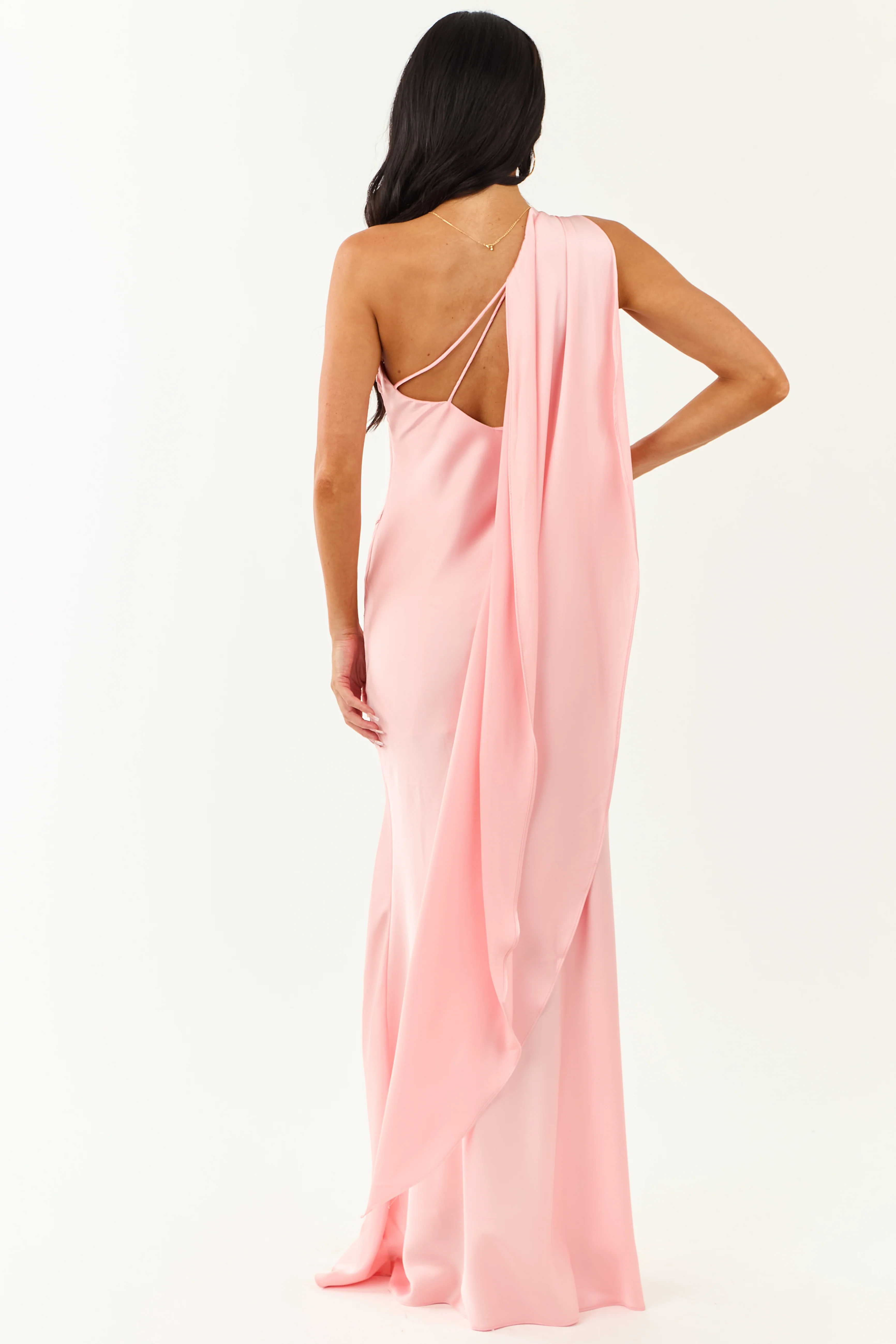 Carnation One Shoulder Satin Slit Maxi Scarf Dress - Image 5