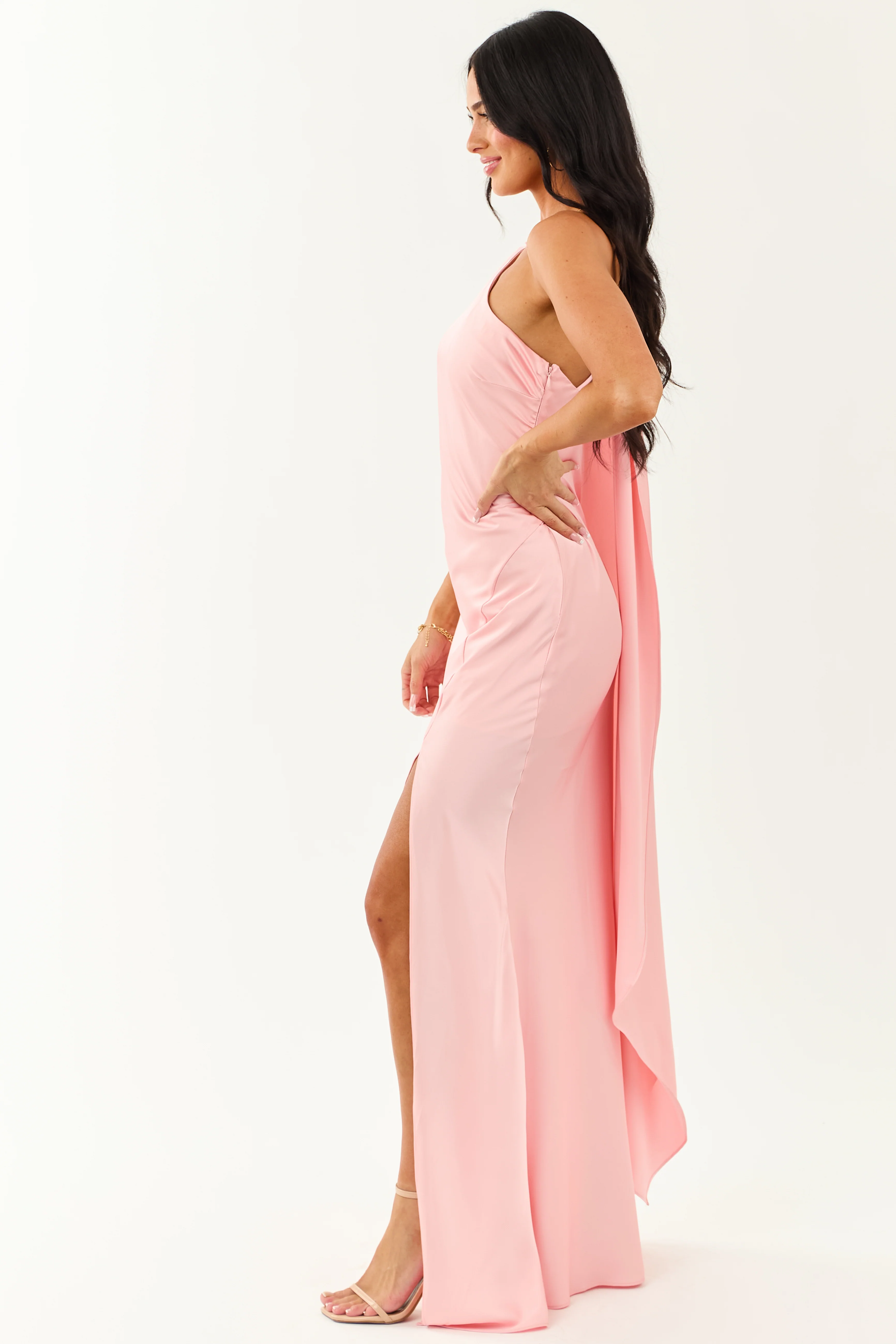 Carnation One Shoulder Satin Slit Maxi Scarf Dress - Image 8
