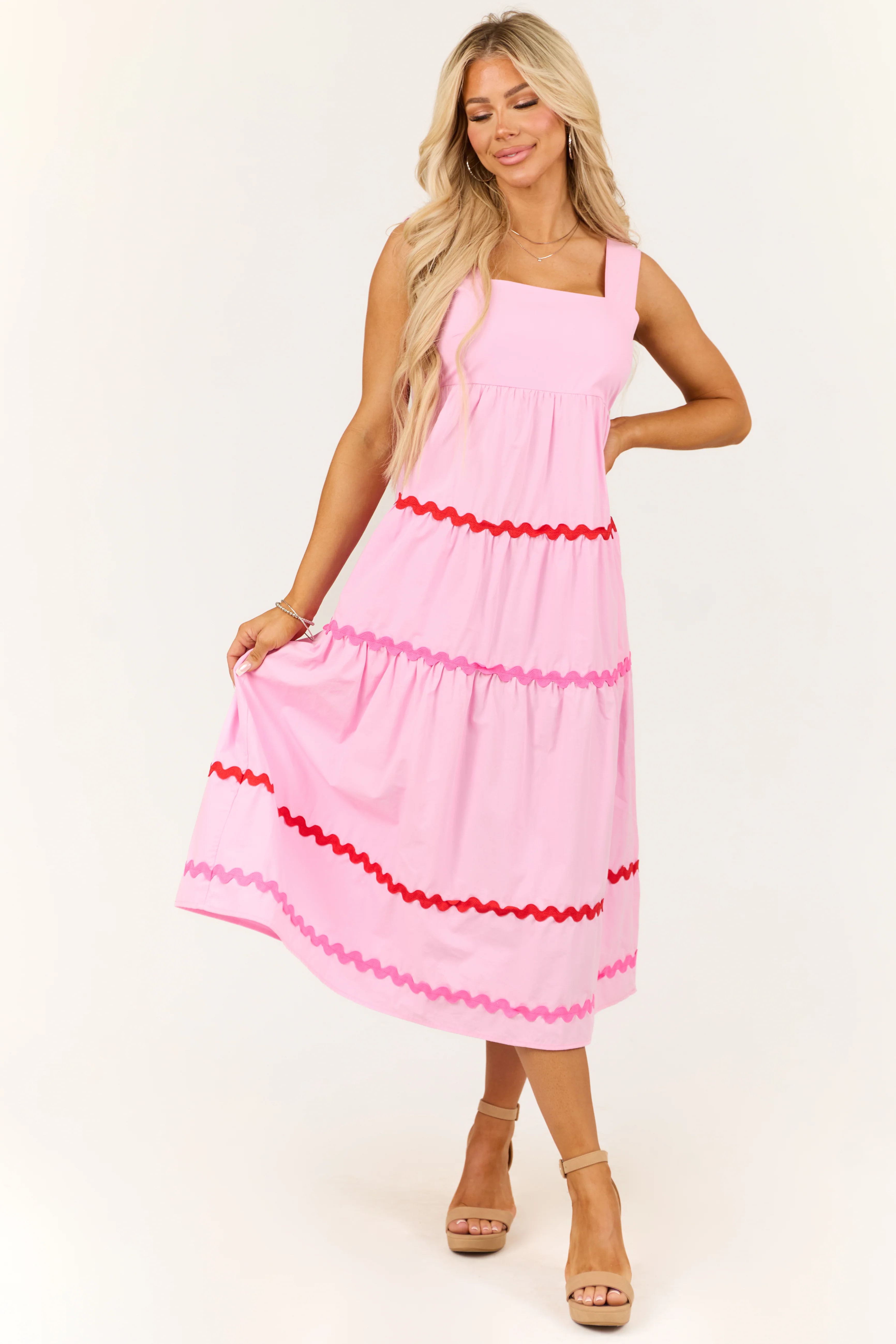 Carnation Sleeveless Wavy Contrast Tiered Midi Dress - Image 2