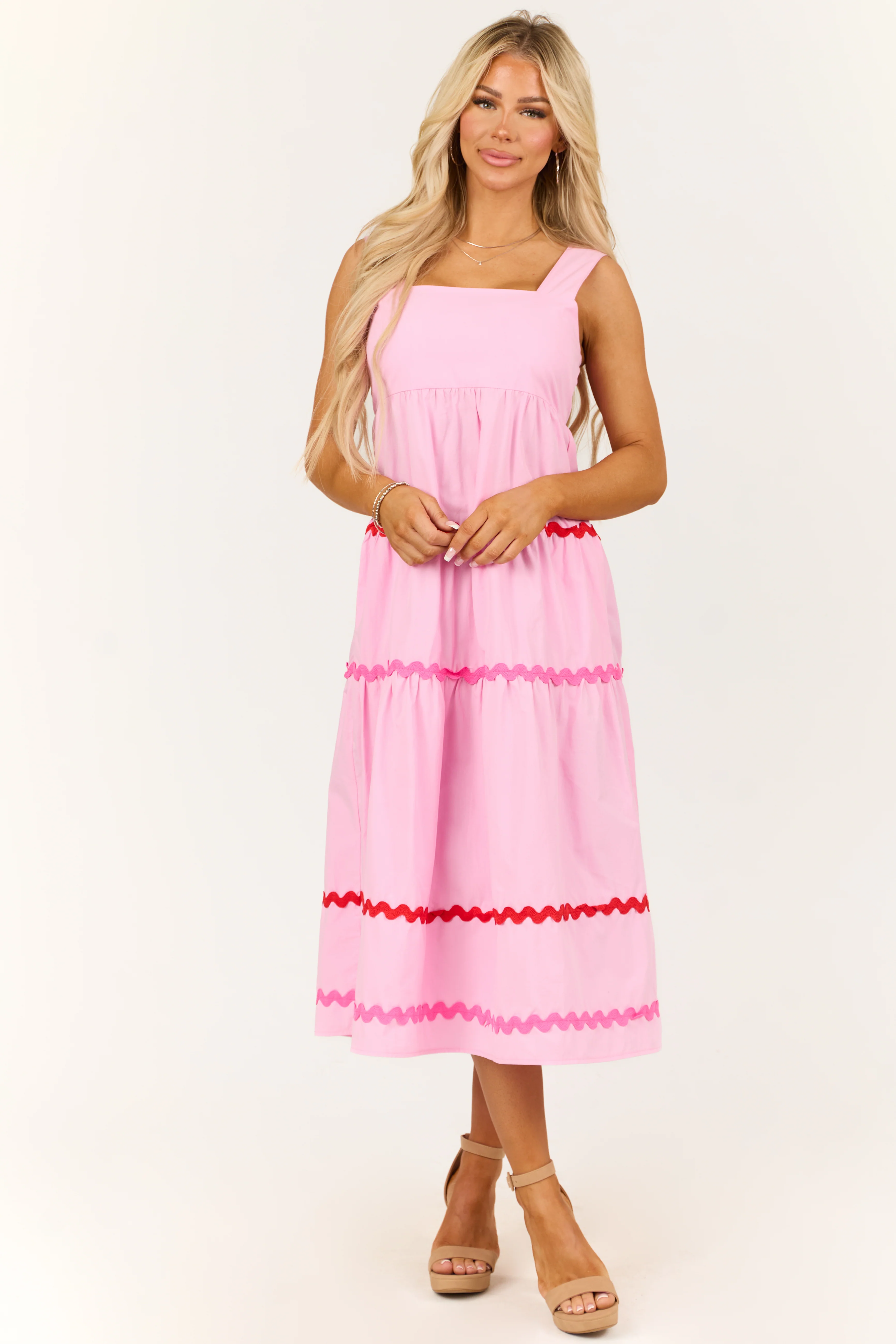 Carnation Sleeveless Wavy Contrast Tiered Midi Dress - Image 3
