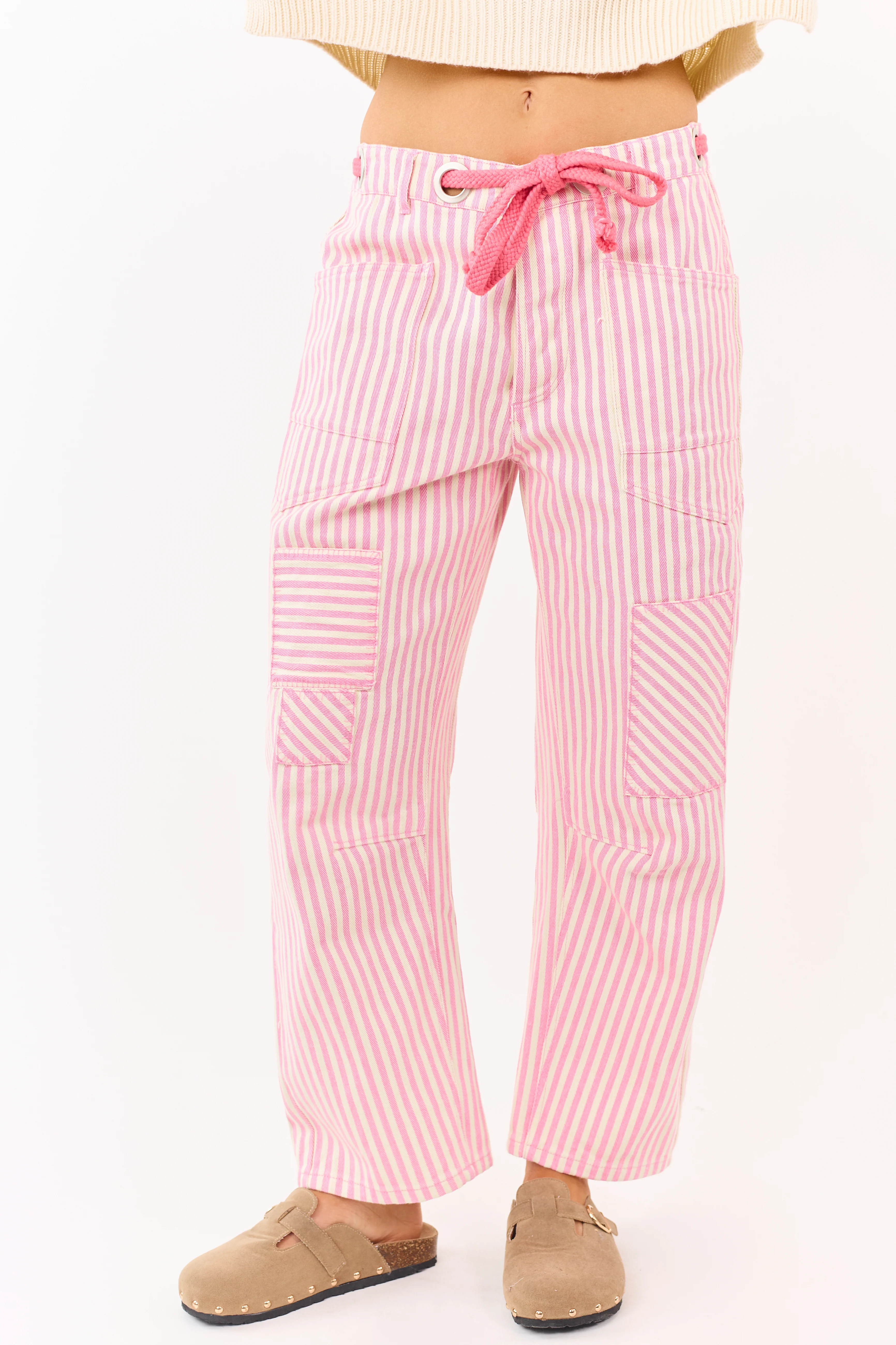 Carnation Striped Waist Tie Wide Patchwork Twill Pants - Image 2
