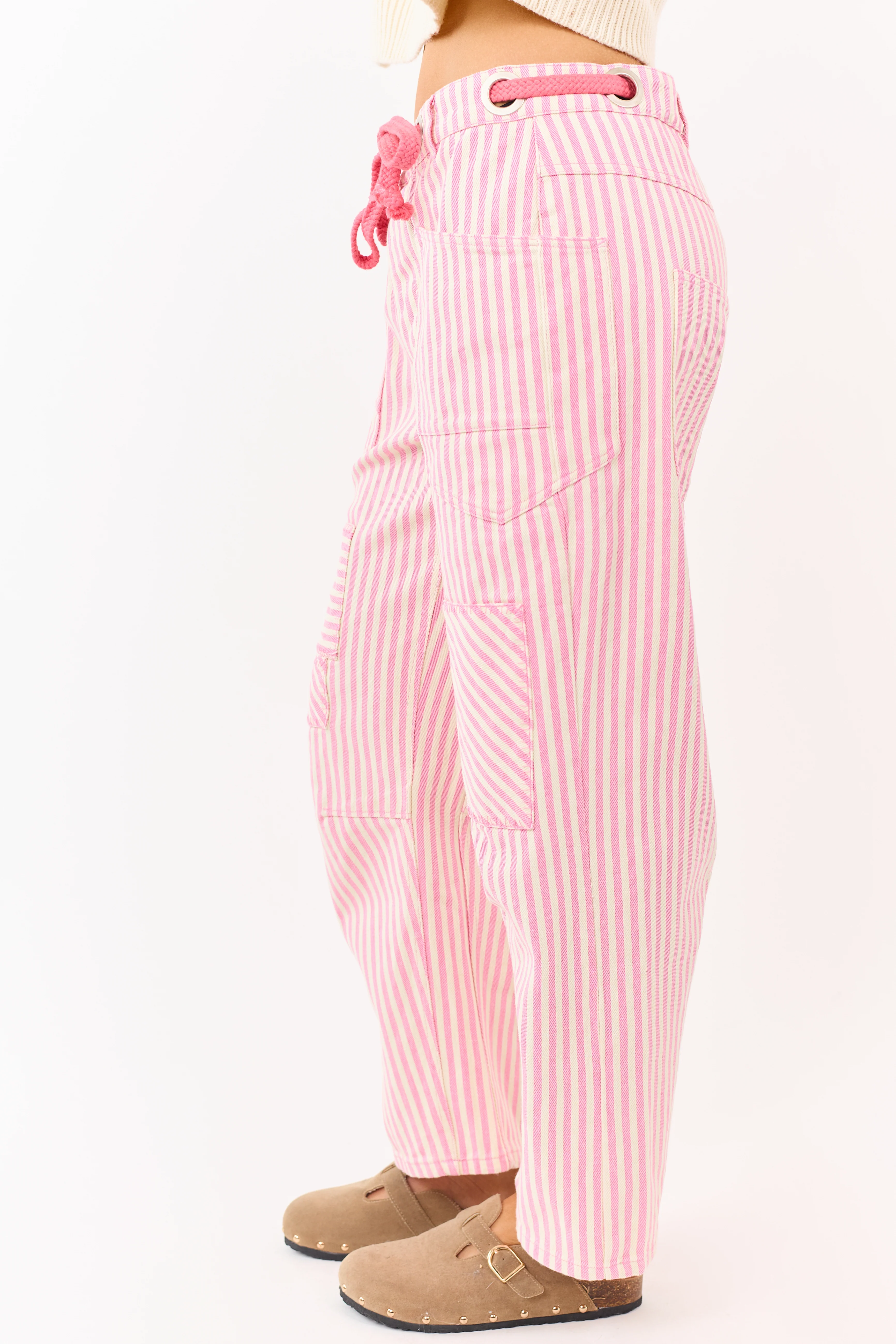 Carnation Striped Waist Tie Wide Patchwork Twill Pants - Image 3
