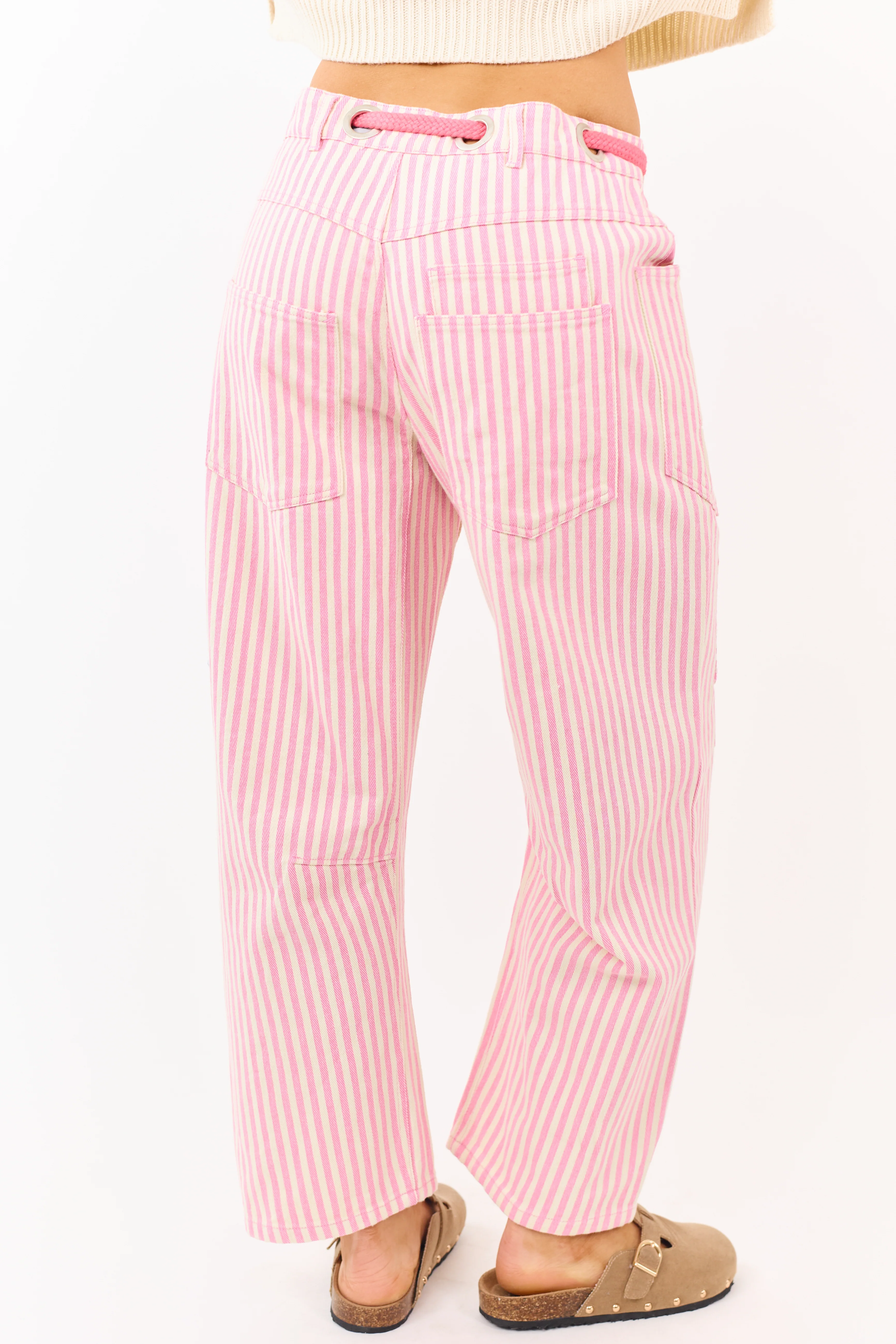 Carnation Striped Waist Tie Wide Patchwork Twill Pants - Image 4