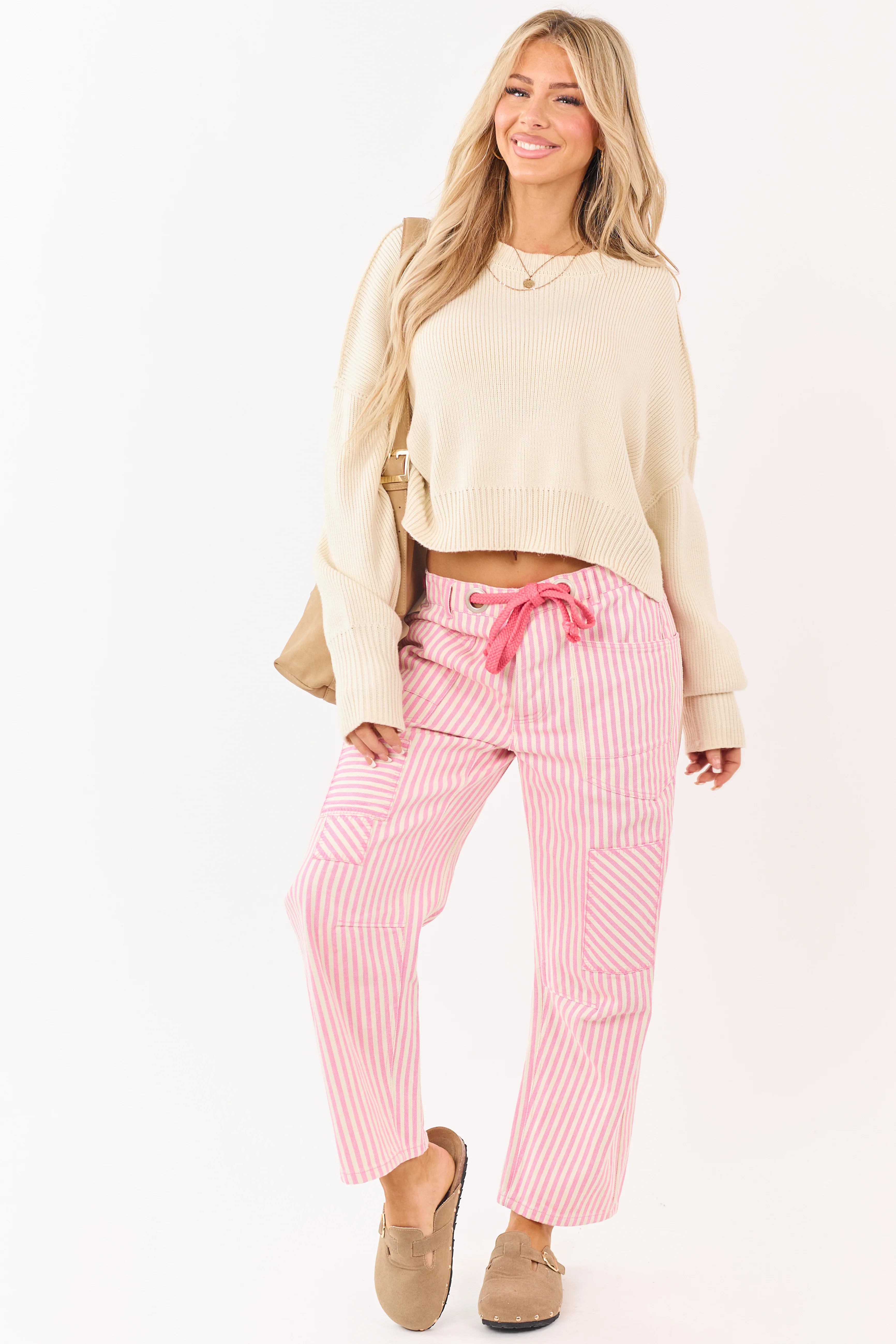 Carnation Striped Waist Tie Wide Patchwork Twill Pants - Image 5