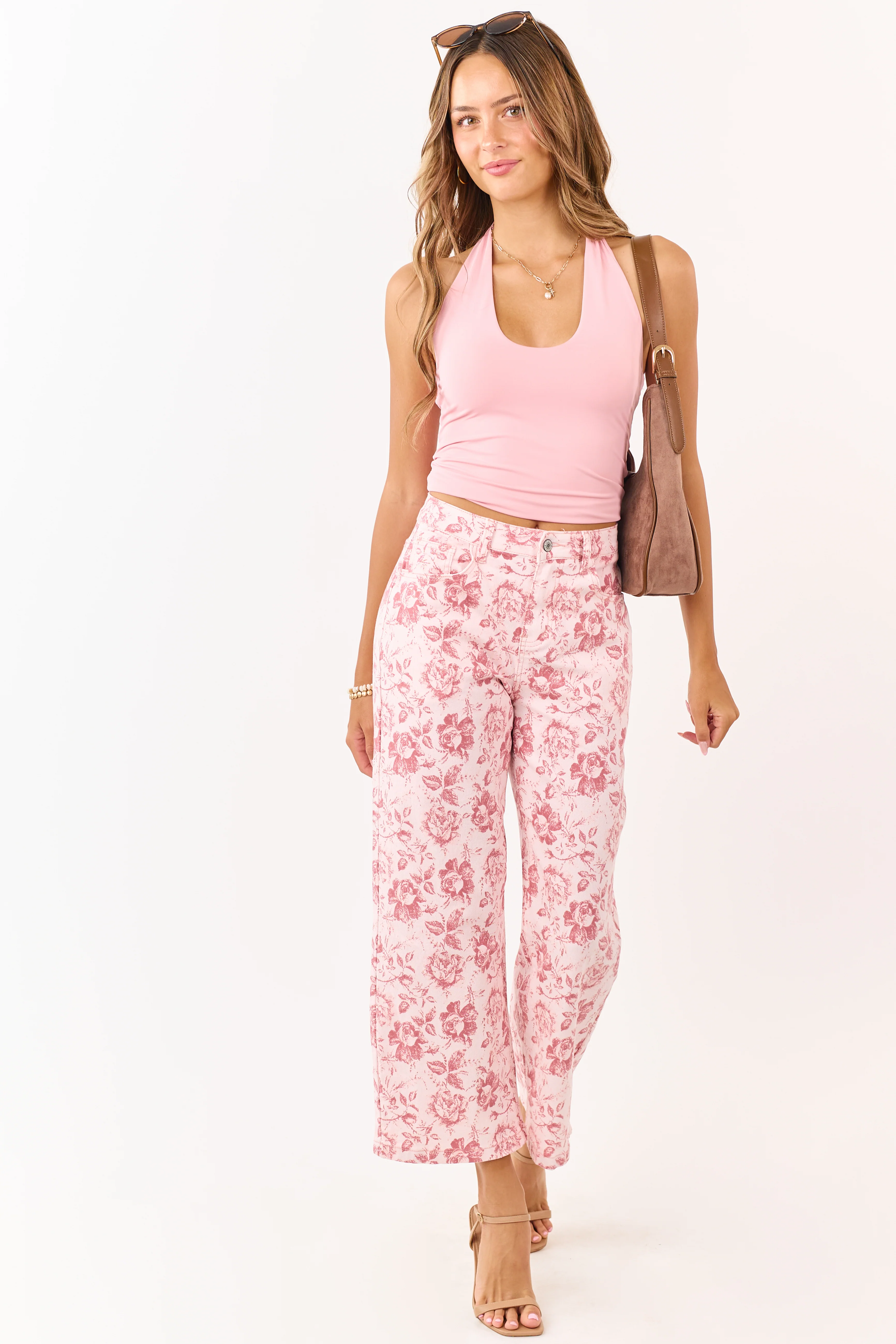 Carnation Vintage Rose Print Stretchy Wide Leg Jeans