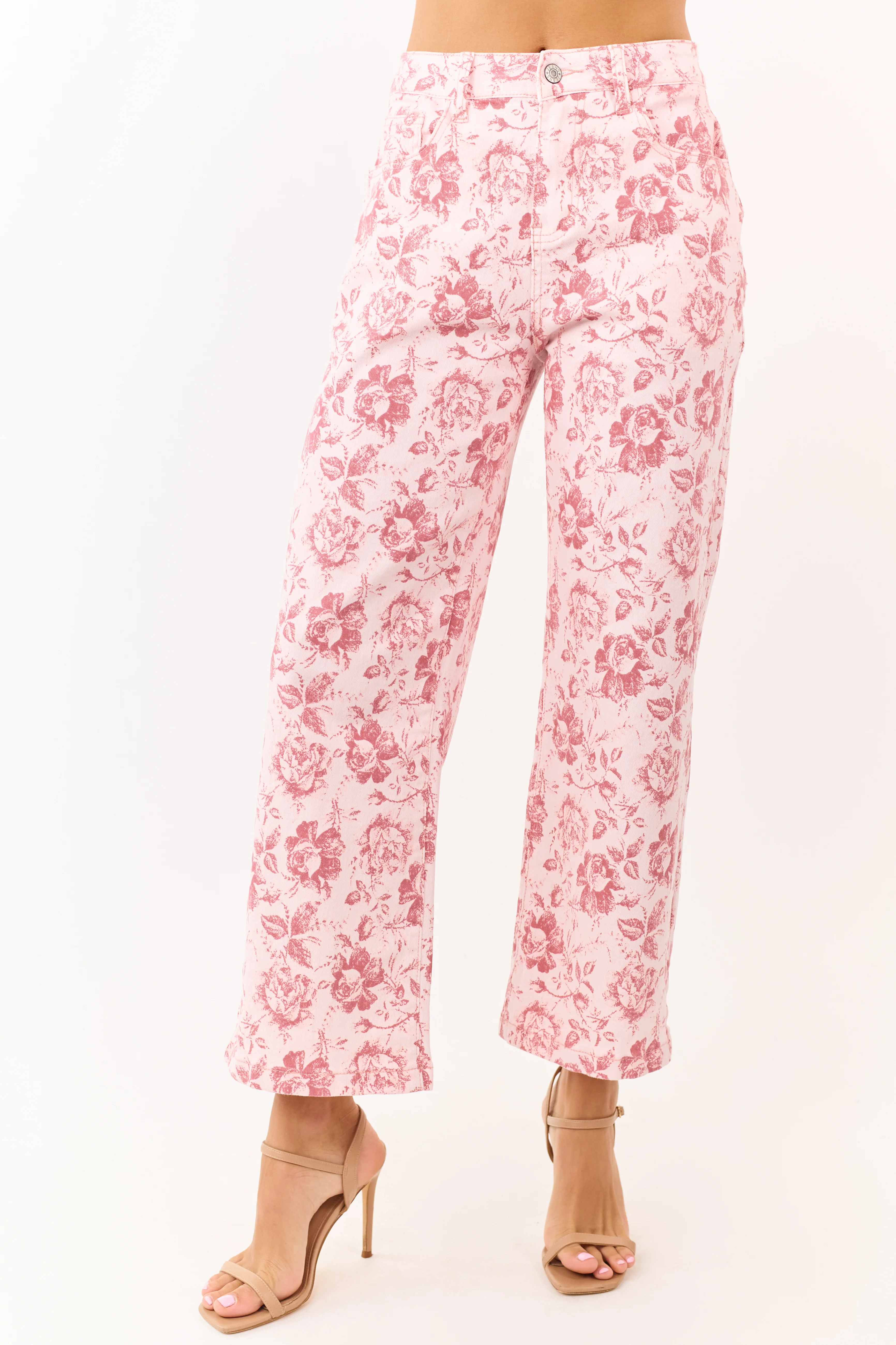 Carnation Vintage Rose Print Stretchy Wide Leg Jeans - Image 3